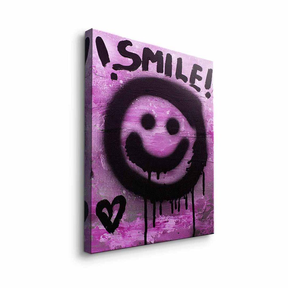 Leinwandbild, lächle schwarz Rahmen smile smilie DOTCOMCANVAS® mit emoji lila silberner graffiti premi Leinwandbild