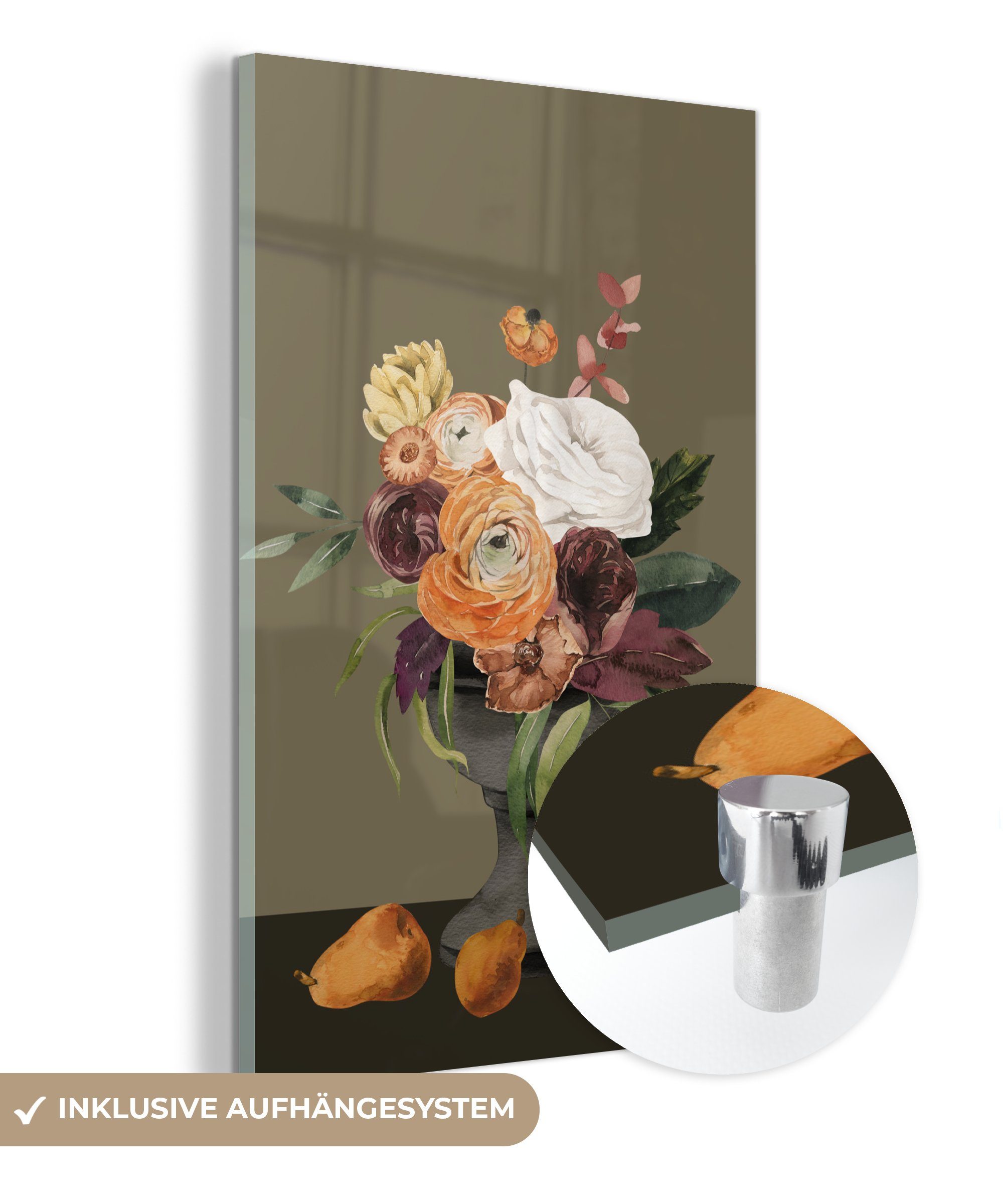 MuchoWow Acrylglasbild Aquarell - Blumen - Stilleben, (1 St), Glasbilder - Bilder auf Glas Wandbild - Foto auf Glas - Wanddekoration