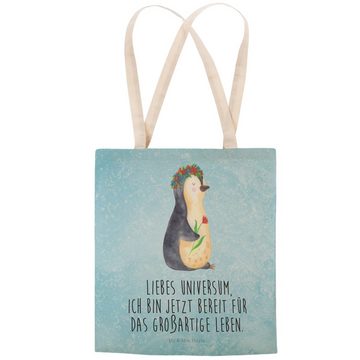 Mr. & Mrs. Panda Tragetasche Pinguin Blumen - Eisblau - Geschenk, Stofftasche, Shopper, Blumenkran (1-tlg), Nachhaltig & Liebevoll