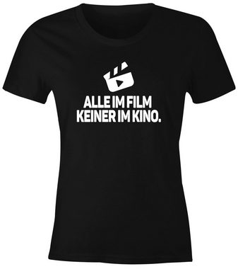 MoonWorks Print-Shirt Damen T-Shirt Spruch Alle im Film Keiner im Kino Fun-Shirt Party Festival Techno Rave Oberteil Slim Fit Moonworks® mit Print