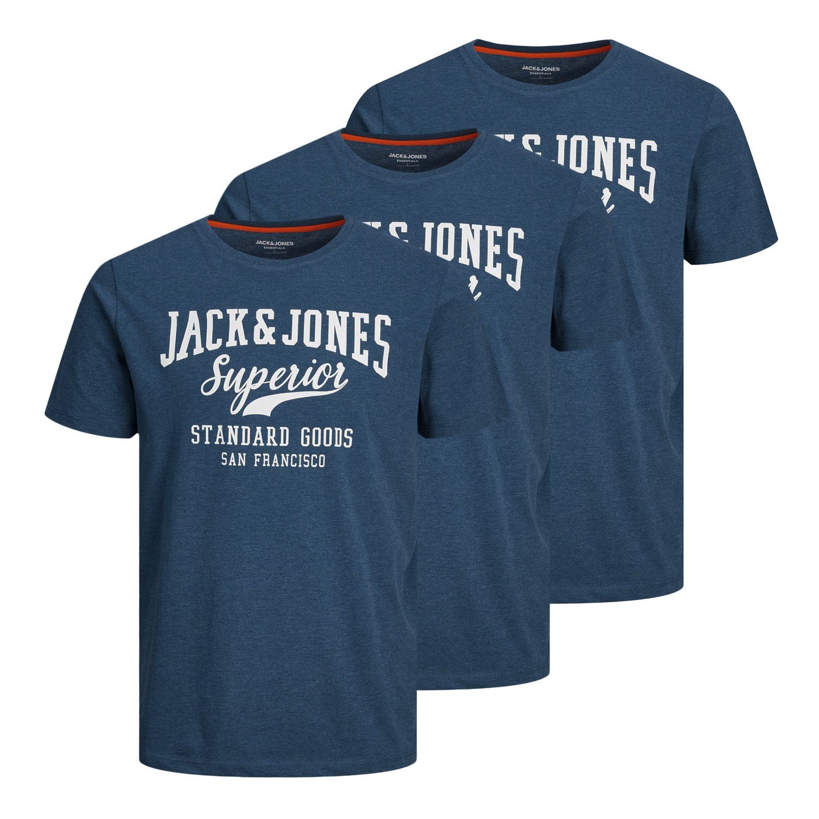 Jack & Jones T-Shirt 3er Pack JJelogo Tee SS O-Neck mit Logo-Print auf der Vorderseite ensign blue melange
