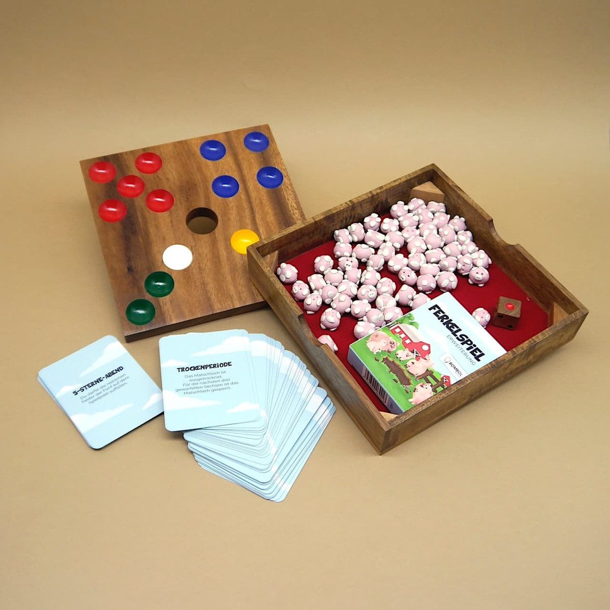 ROMBOL Denkspiele Spiel Ferkelspiel Premium - lustiges Würfelspiel inkl. Erweiterung, Schweinchenspiel, Holzspiel