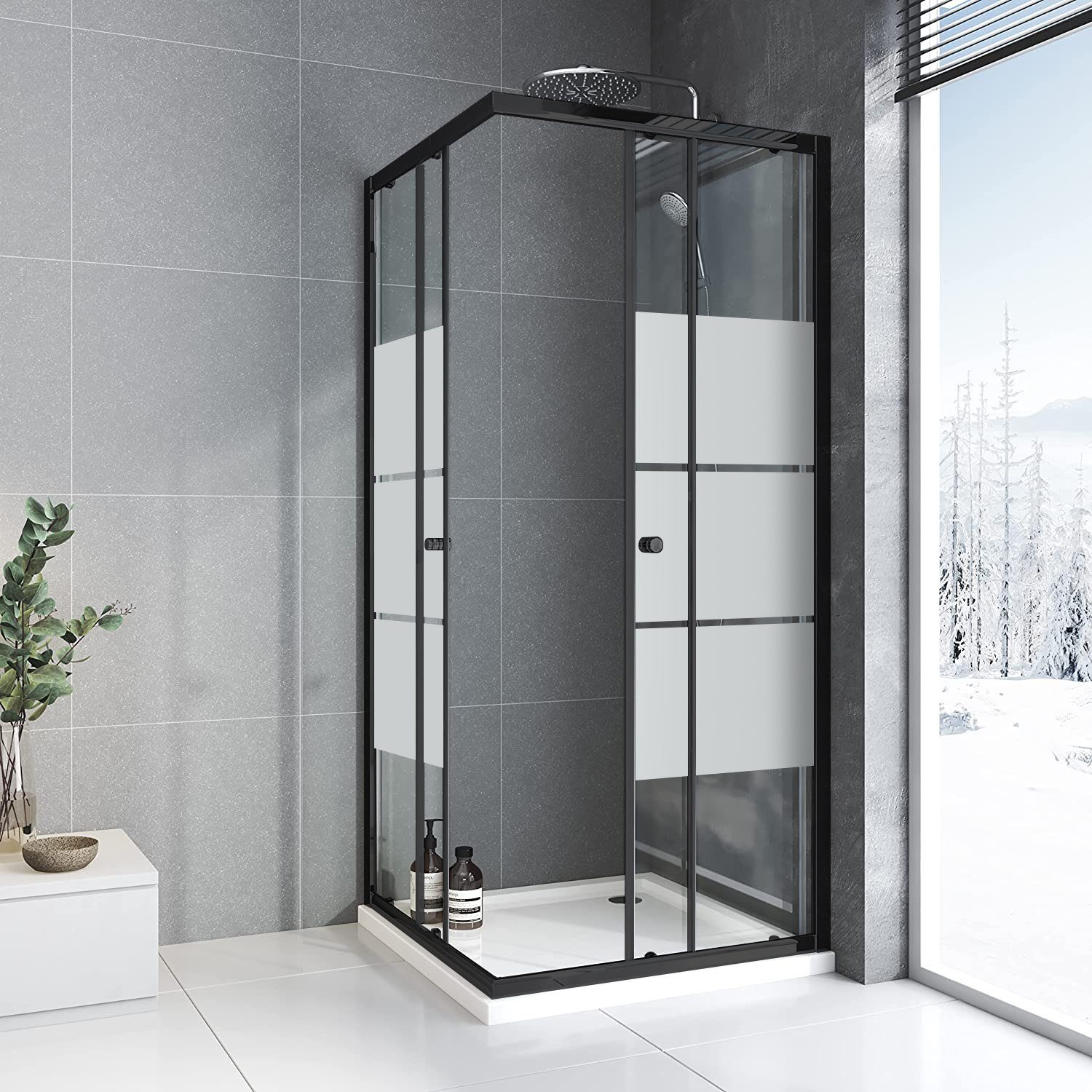 Eckduschkabine Variabel 80-90 Cm, Höhe 185 Cm – Mit Duschtasse 90x90 Cm, ESG Sicherheitsglas, Alurahmen