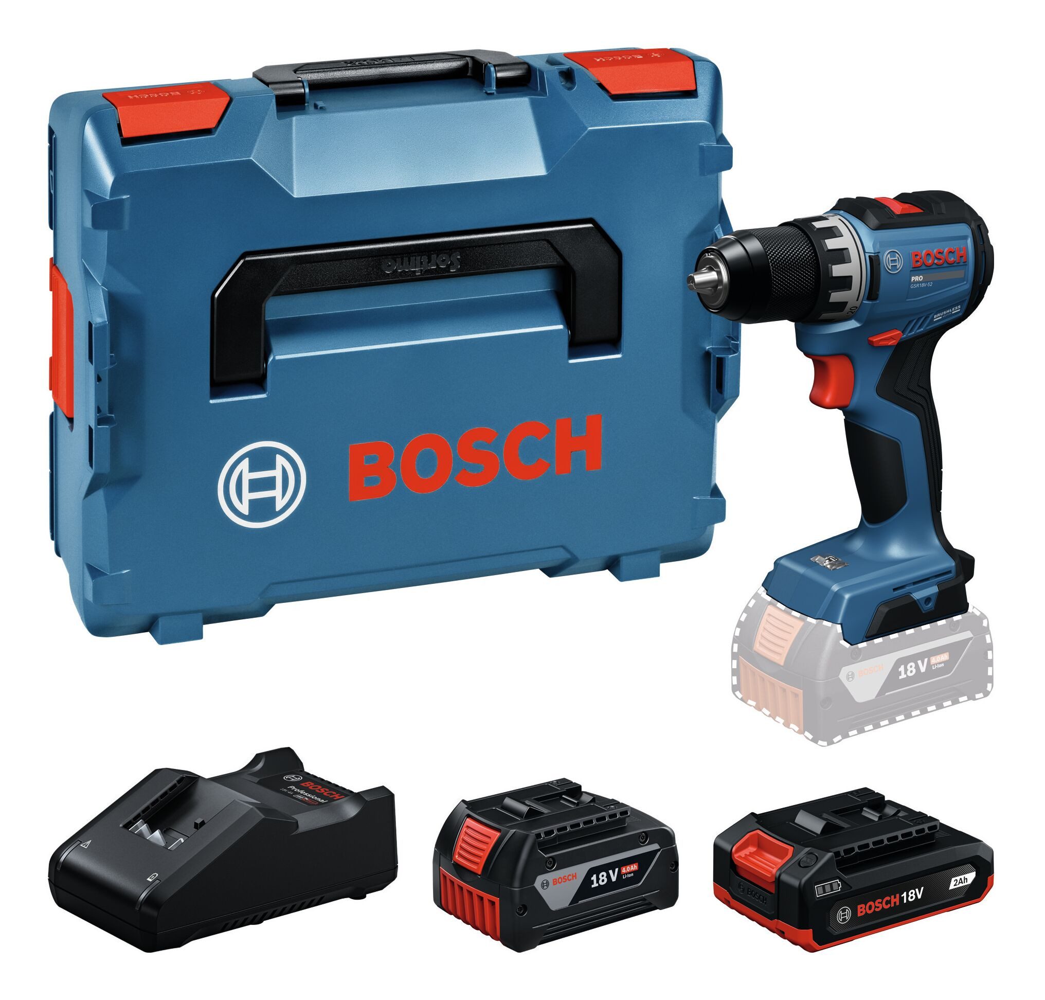 BOSCH Akku-Bohrschrauber GSR 18V-52, 18 V, Mit 2x Akku 2 Ah/4 Ah - in L-BOXX 136