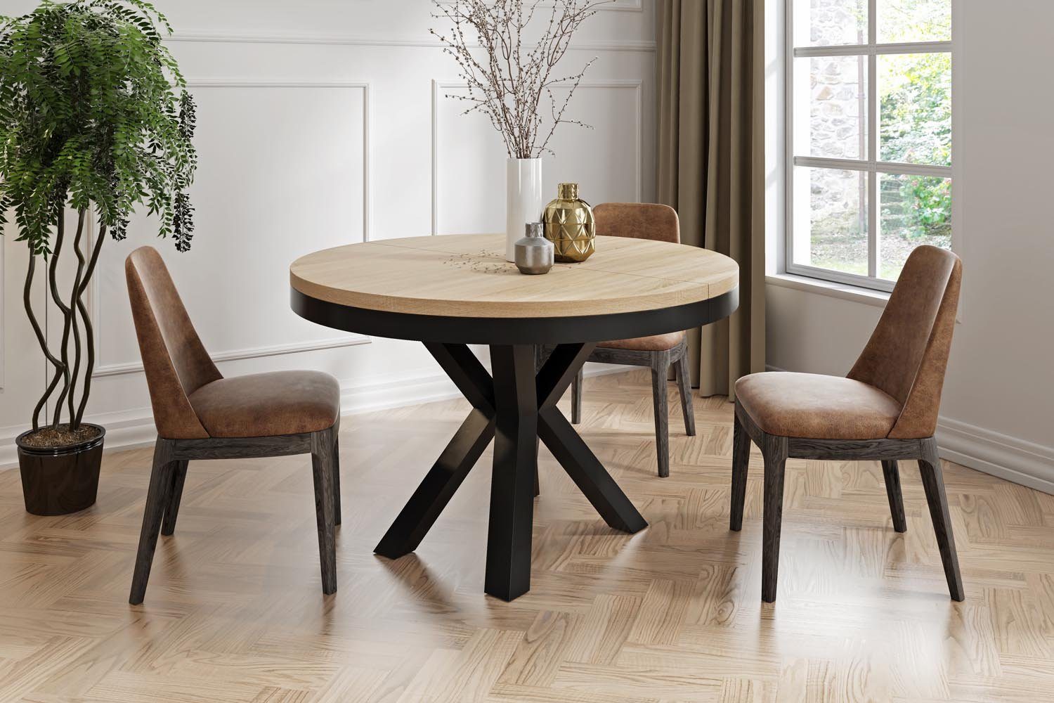 WFL GROUP Esstisch Clara im Loft-Stil rund ausziehbar mit schwarzen Metallb günstig online kaufen