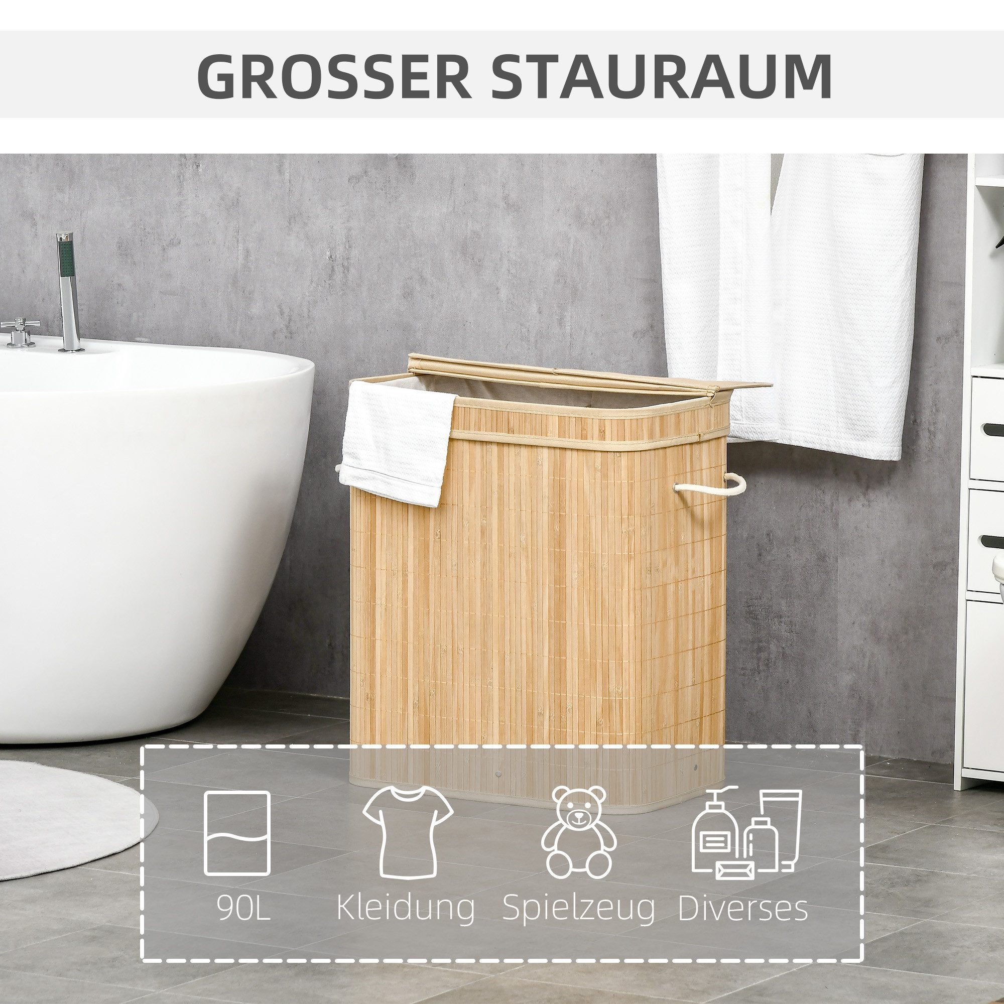 HOMCOM Wäschekorb Wäschesammler mit Griffen, 2 herausnehmbarer Wäschesack, faltbar (Wäschebox, 1 St., Wäschetonne), für Waschküche Schlafzimmer Badezimmer Natur – Bild 4 von 5