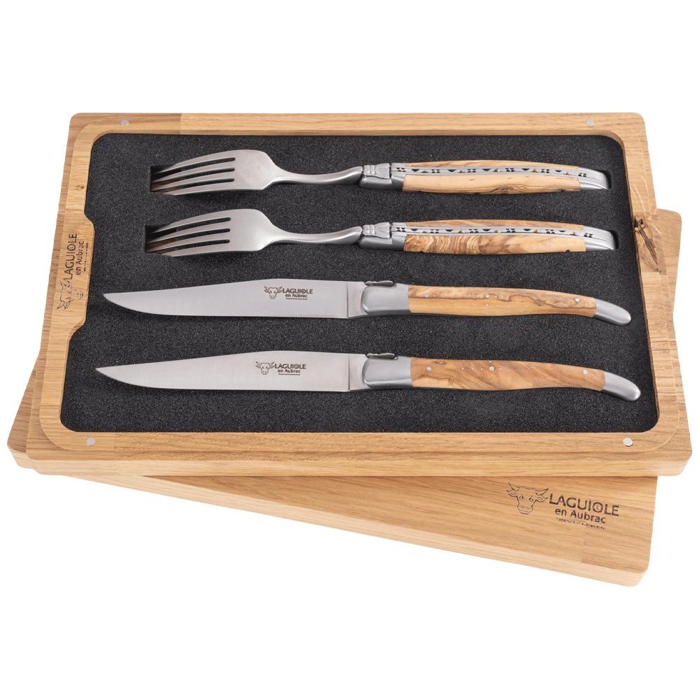Laguiole en Aubrac Besteck-Set Besteck (4-tlg), Olivenholz, matte Klingen