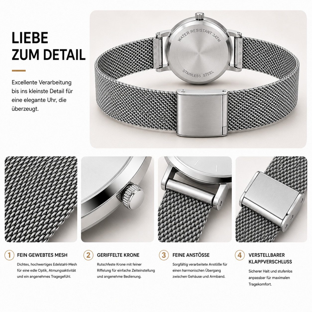 Forrlite Quarzuhr Armbanduhr Sliber, Elegante Quarzuhr mit Edelstahl-Mesharmband, (Multifunktionsuhr Damenuhr, Edelstahl Armbanduhr, 3 ATM spritzwassergeschützt – Bild 5 von 5