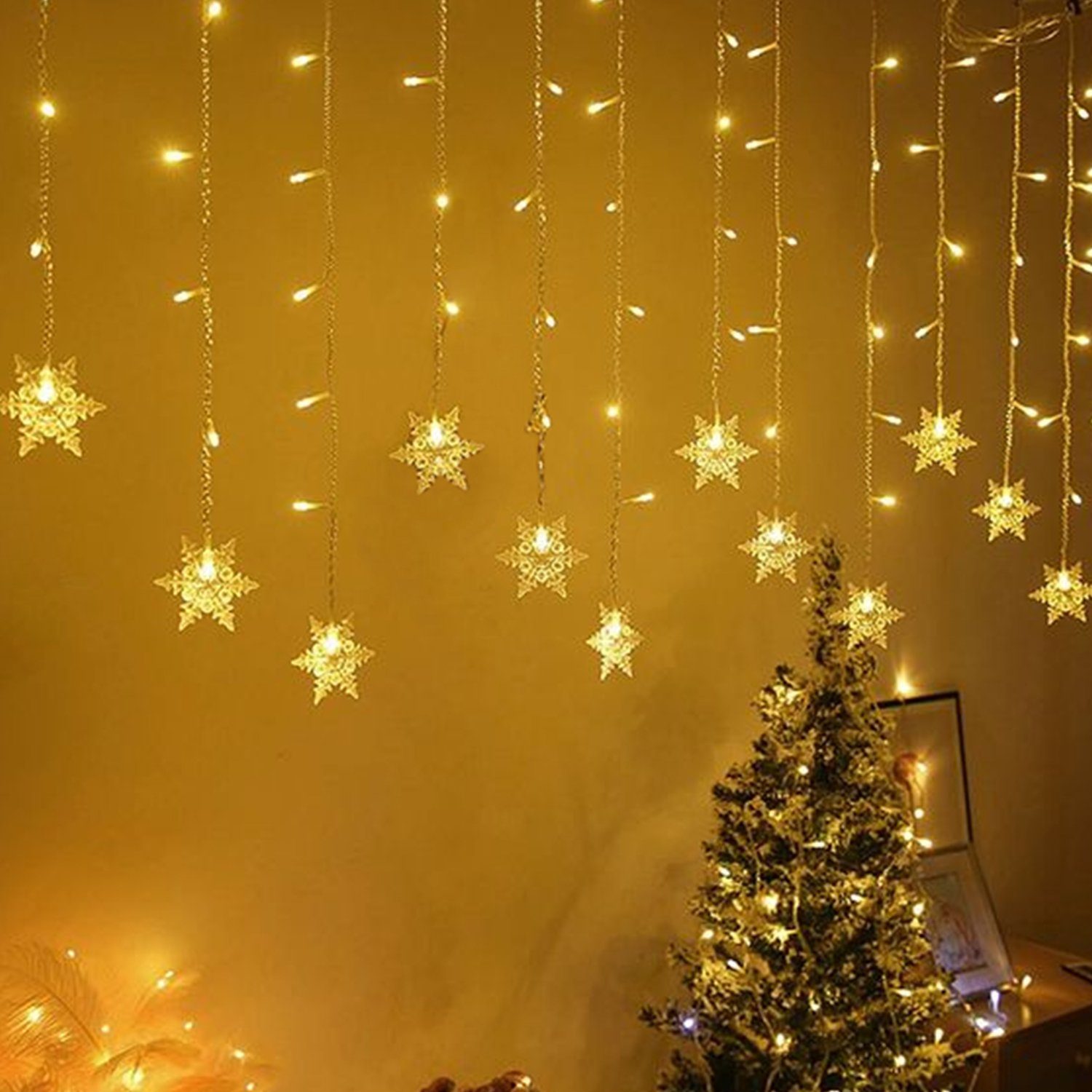108 Schneeflocken LED Lichtervorhang LED-Lichterkette Salcar Weihnachten 3m
