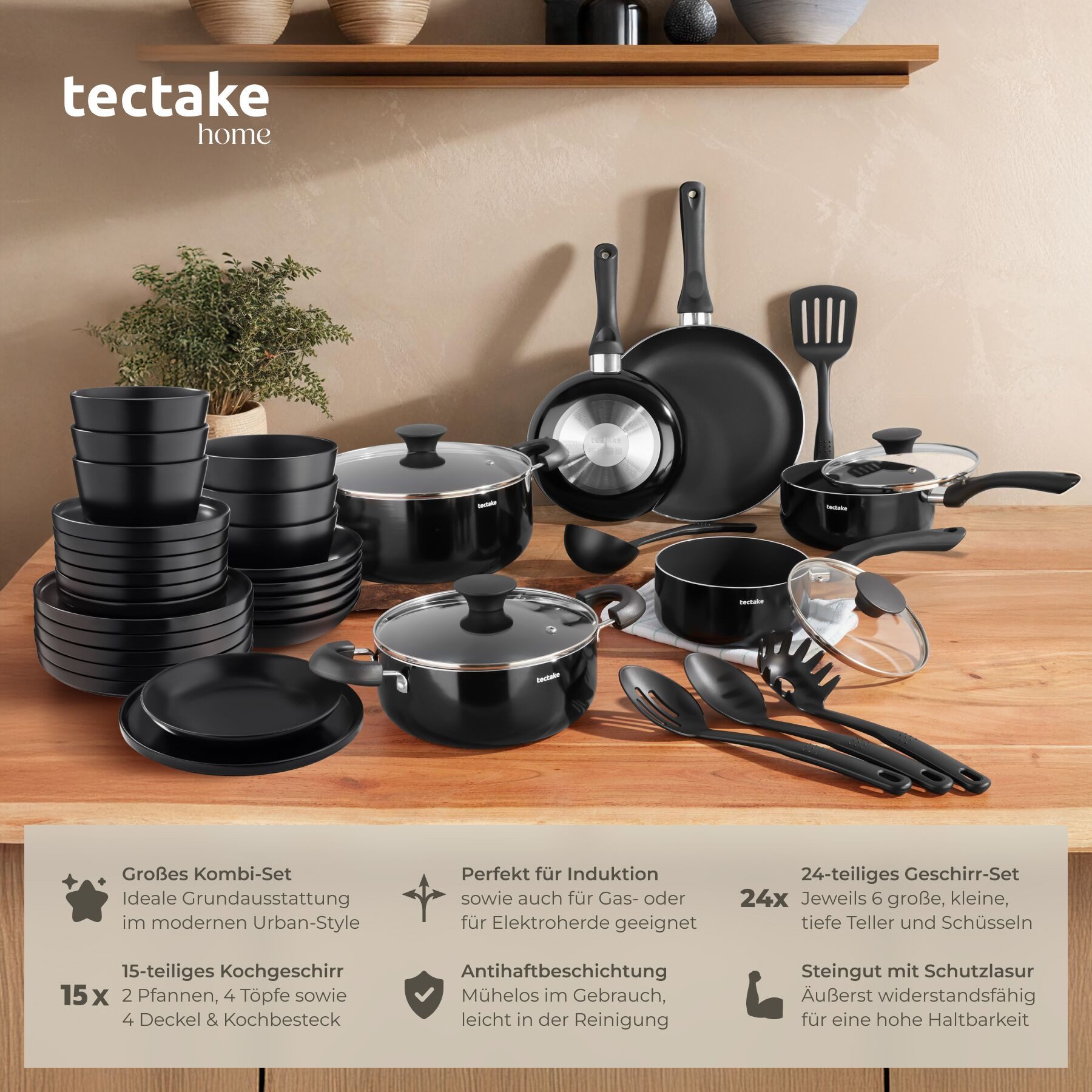 tectake Kochbesteck-Set Küchenstarterset aus Steingut, Inkl. 5 Küchenwerkzeugen (Geschirrset Una/Varese, 39-tlg., Kochtopf), Spülmaschinengeeignet, zur Pflege empfehlen wir Handwäsche