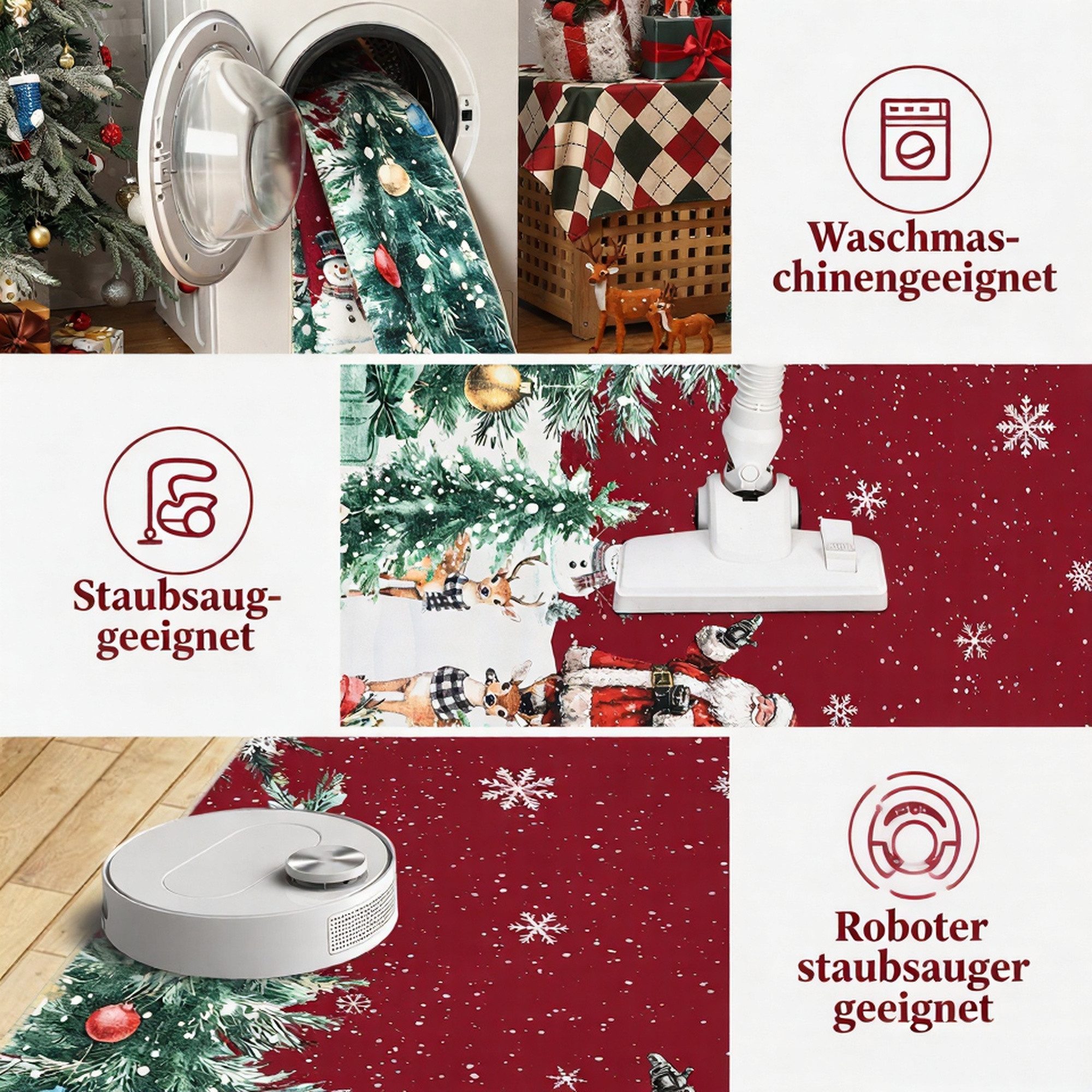 GarveeMore Teppich Rot Weihnachtsteppich mit Santa, Rentieren, Schneemann und Tannen, Höhe: 5 mm – Bild 4 von 5