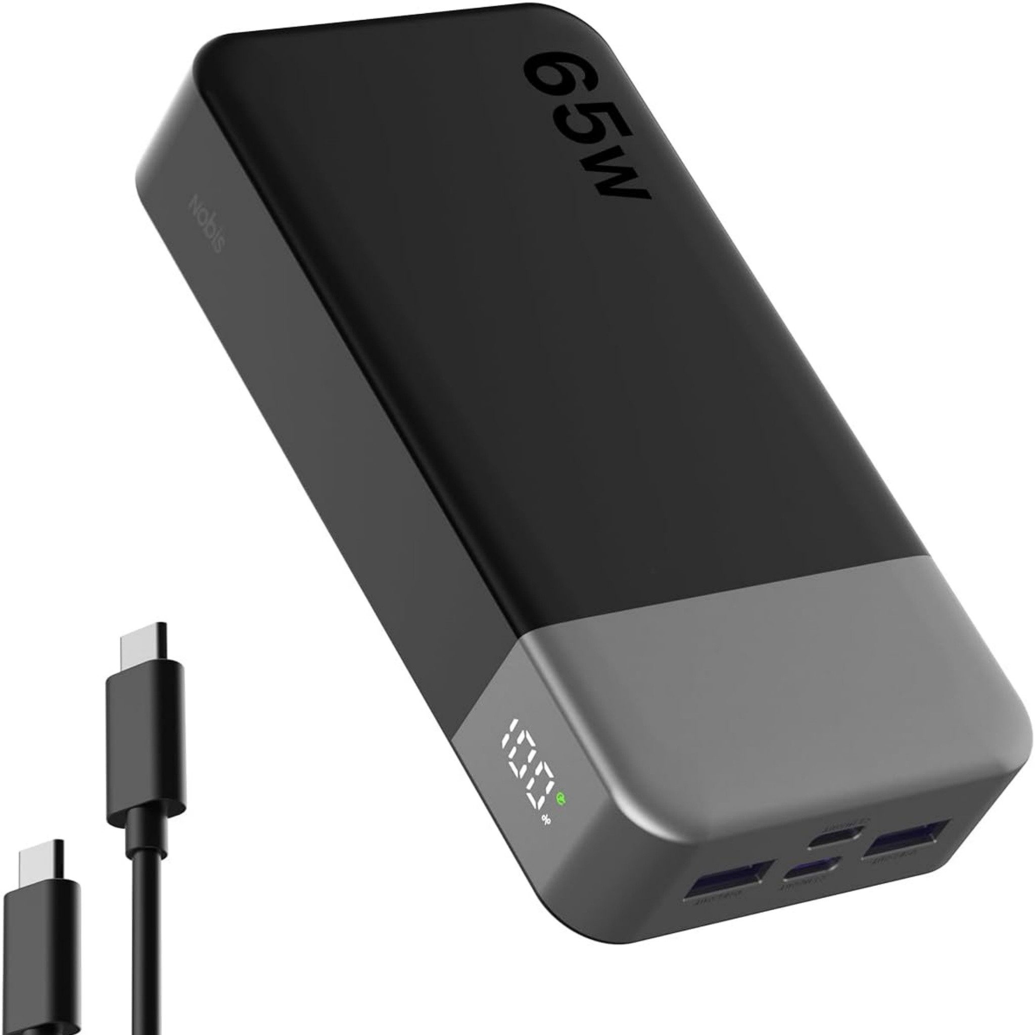 NOBIS Powerbank 20000mAh 65W Schnellladen USB-C/A PD Externer Akku Tragbare Powerbank (5 V), Schnelllade Powerbank, LED Anzeig, für Laptop Smartphone Tablet Reise