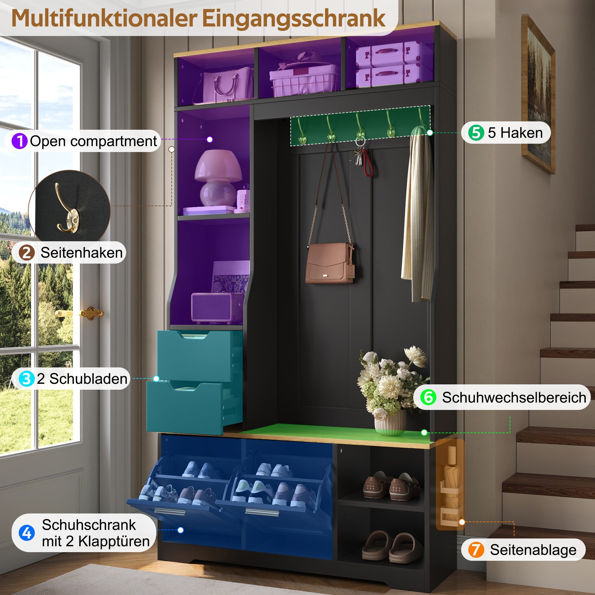 Merax Garderoben-Set mit LED-Beleuchtung, Sitzbank, Schuhschrank & Regenschirmhalter, (Eingangsbereich Flurgarderobe Flurmöbel-Set, 1-St., 100 x 32 x 186 cm), m – Bild 5 von 5