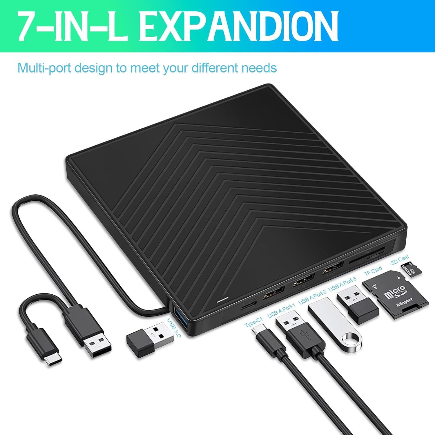 POPOLIC 7 in 1 Externes CD DVD Laufwerk, USB 3.0, schlankes optisches Laufwerk DVD-Brenner (mit 4 Anschlüssen und 2 TF/SD Kartensteckplätzen, für PC Windows 11/10/8 Laptop Mac Linux OS)