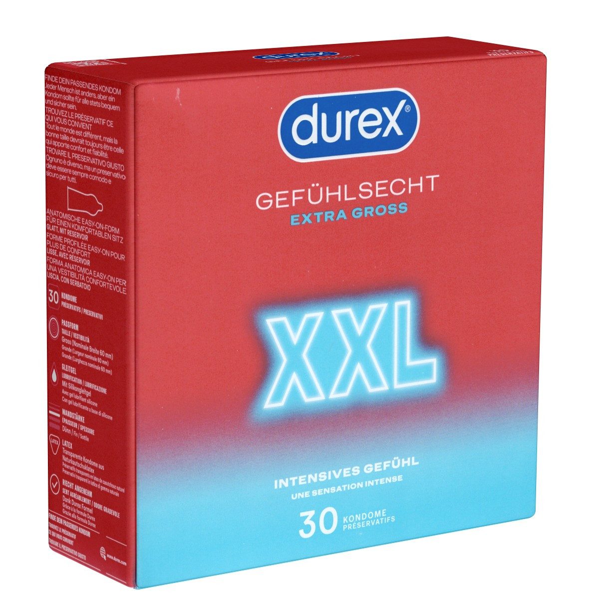 durex XXL-Kondome Gefühlsecht XXL Packung mit, 30 St., extra große und hauchzarte Markenkondome mit Easy-On™-Passform