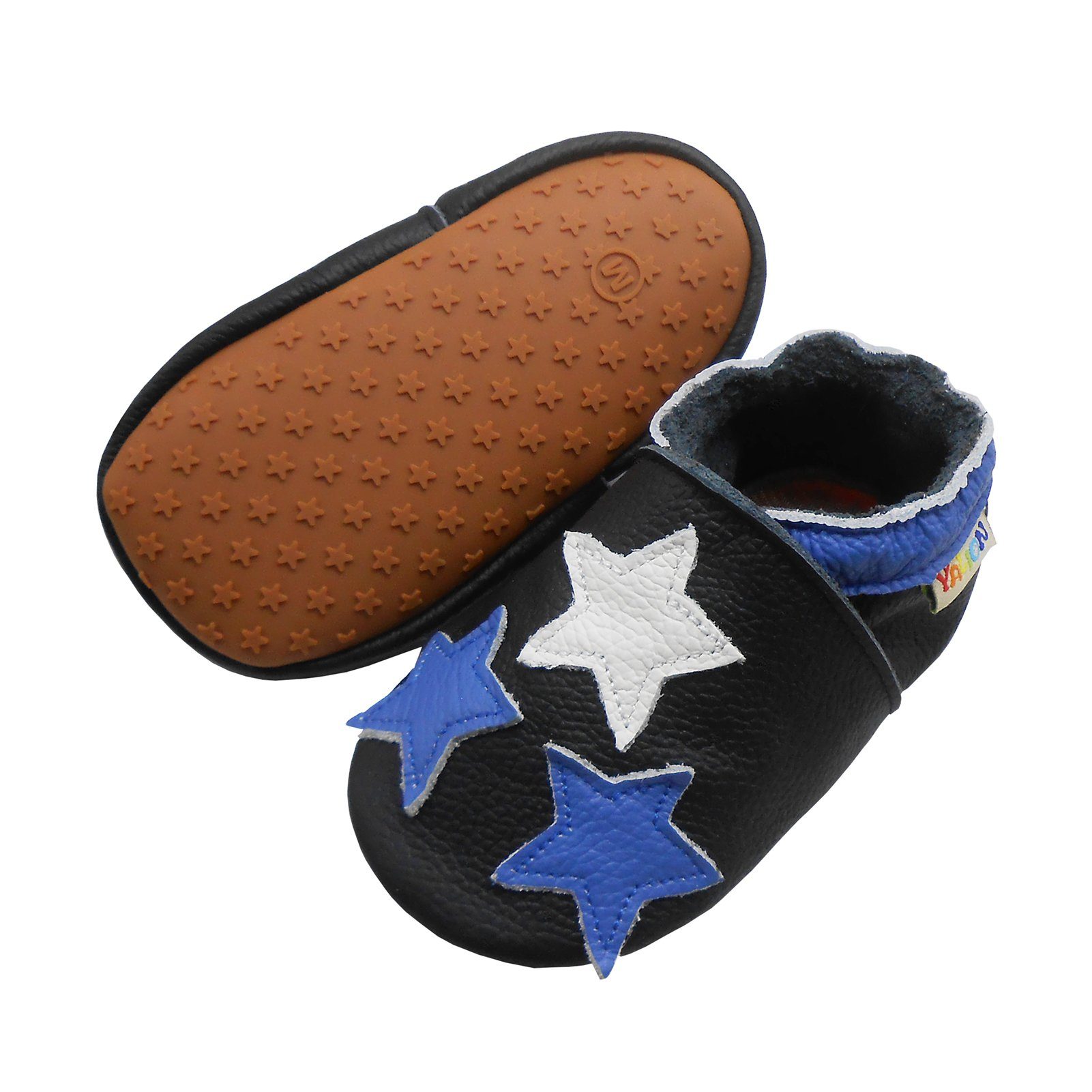 Yalion Yalion Baby Lauflernschuhe Leder Dunkelblau Sterne Gummisohle Krabbelschuh