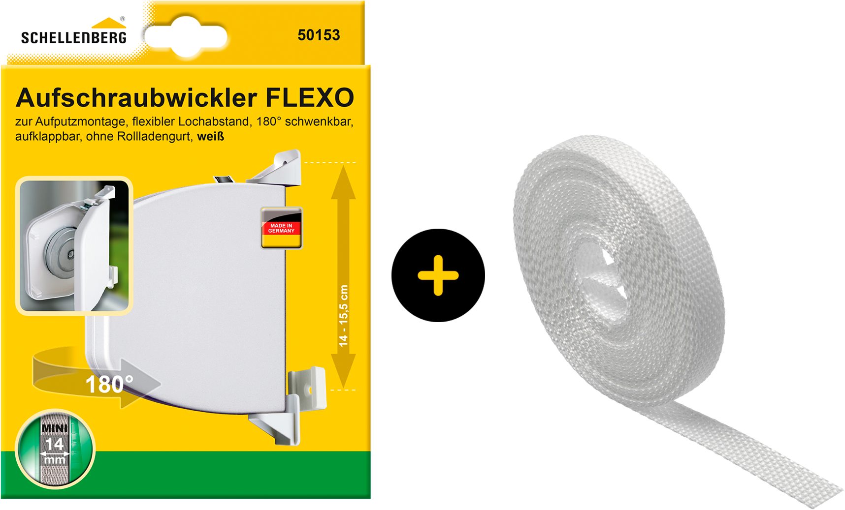 SCHELLENBERG Aufputz-Gurtwickler Flexo für das Rollladensystem Mini, inkl. Rollladengurt in weiß, Set, 1-tlg., Aufschraubwickler aufklappbar, höhenverstellbar, 180° schwenkbar weiß