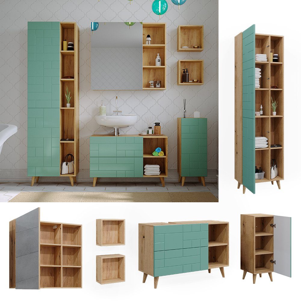 Vicco Badmöbel-Set Rudi, Mintgrün/Eiche, 6 Teile, günstig online kaufen