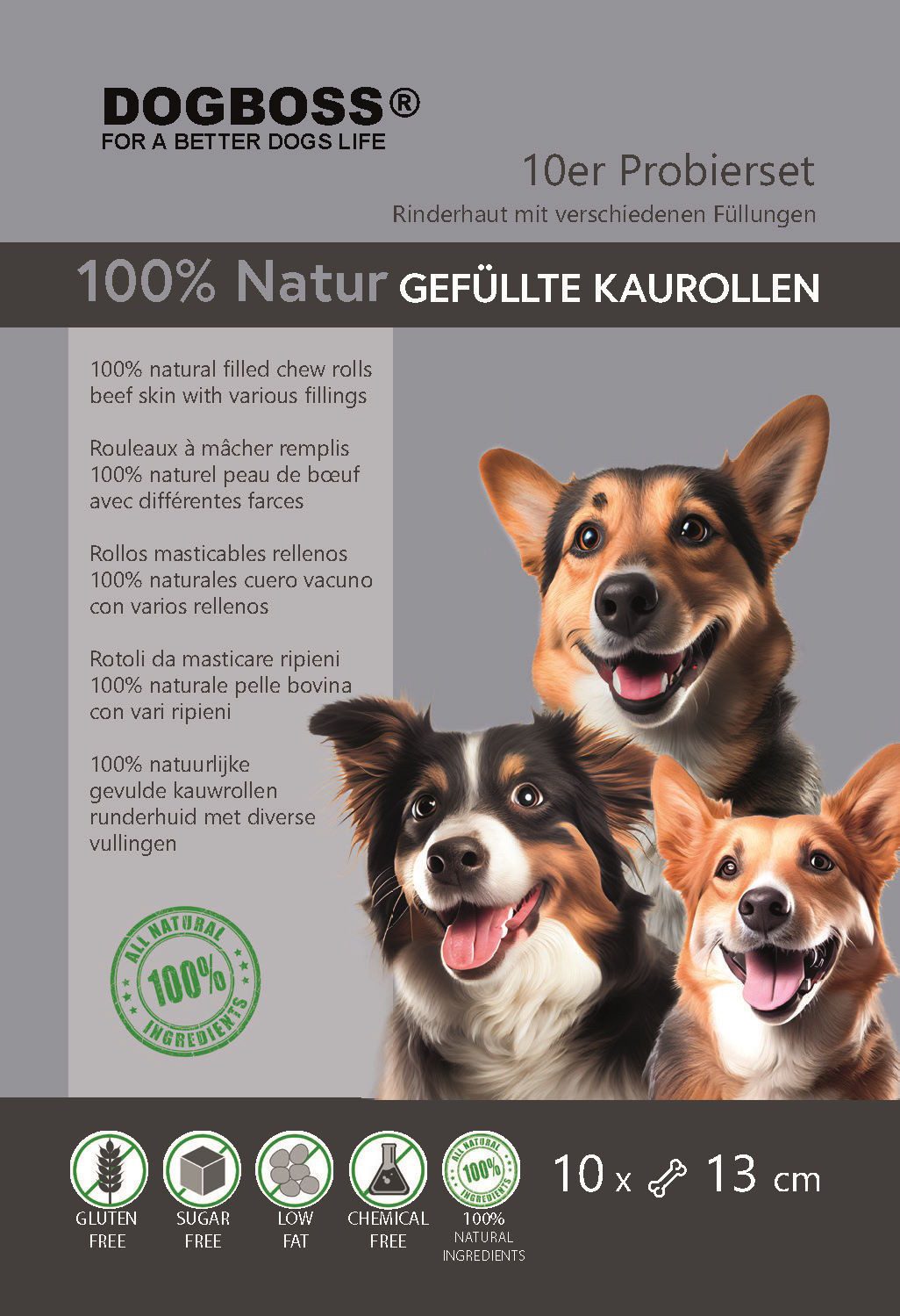 DOGBOSS DOGBOSS 100% Natur gefüllte Kaurollen, hergestellt in EU 10er Probierset 13 cm, Snack für: Hunde