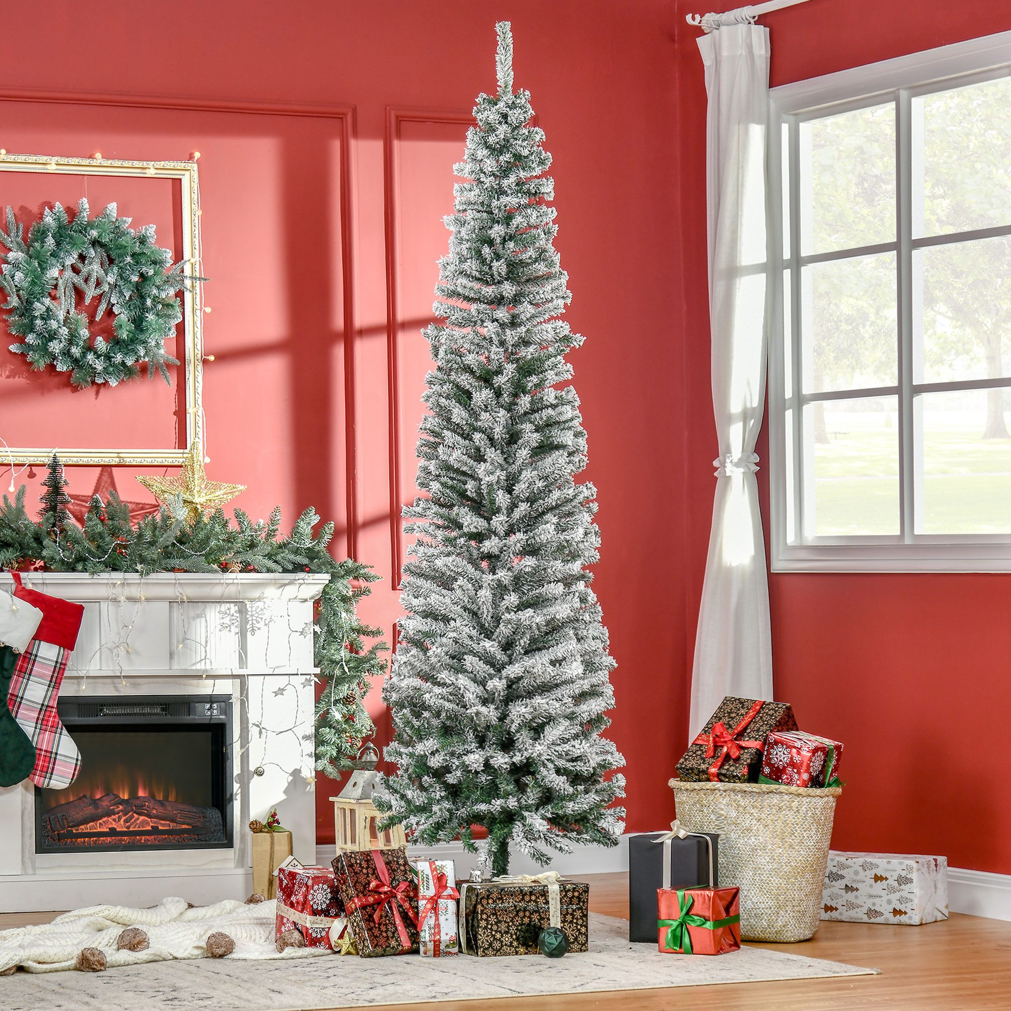 HOMCOM Künstlicher Weihnachtsbaum 225 cm Bleistift Kiefernbaum mit Schnee, 738 Spitzen, beflockt, Kiefer, Weihnachtsdeko inkl. Metallständer für drin