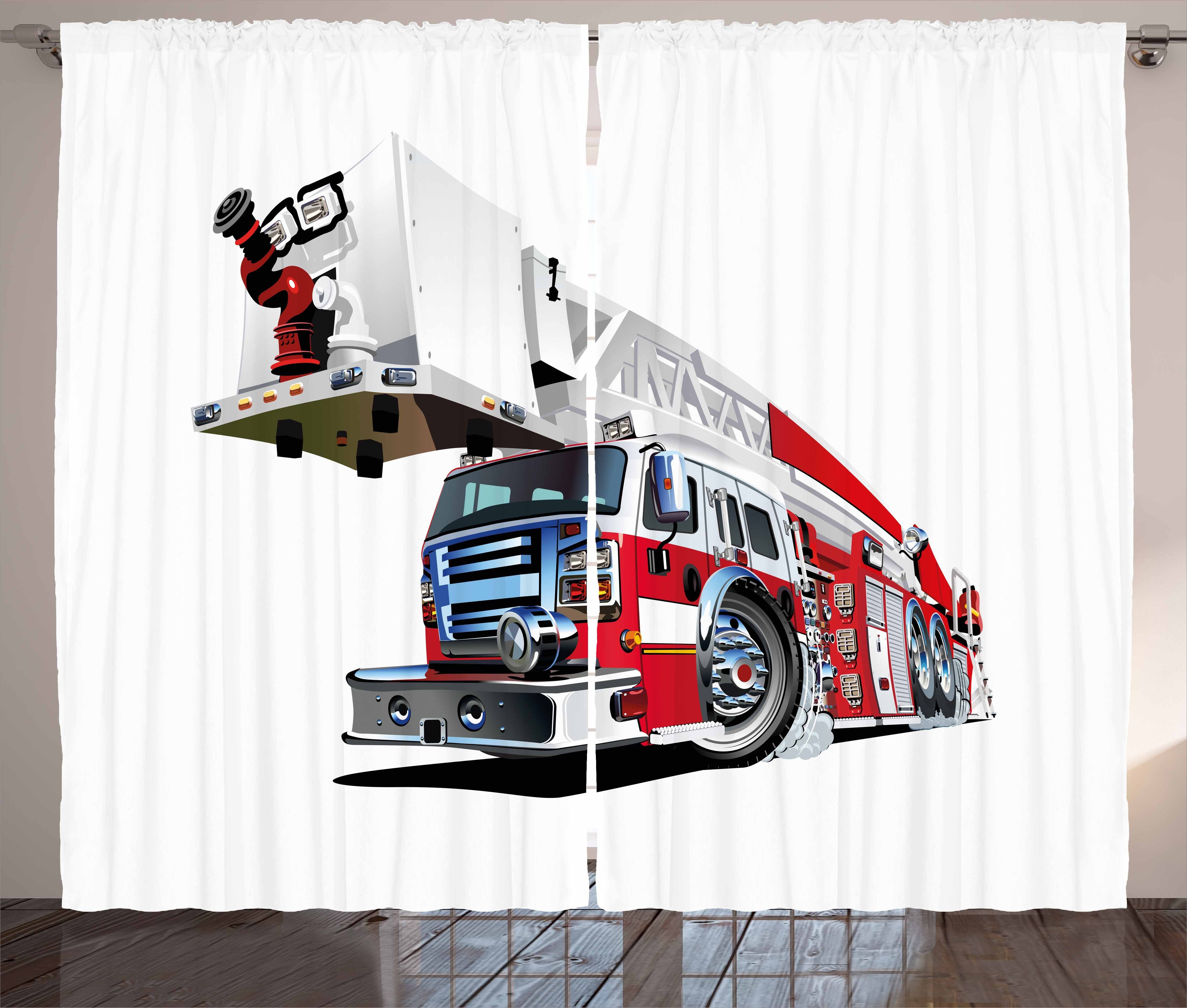 Gardine Schlafzimmer Kräuselband Vorhang mit Schlaufen und Haken, Abakuhaus, LKW 911 Notfall Feuerwehrauto
