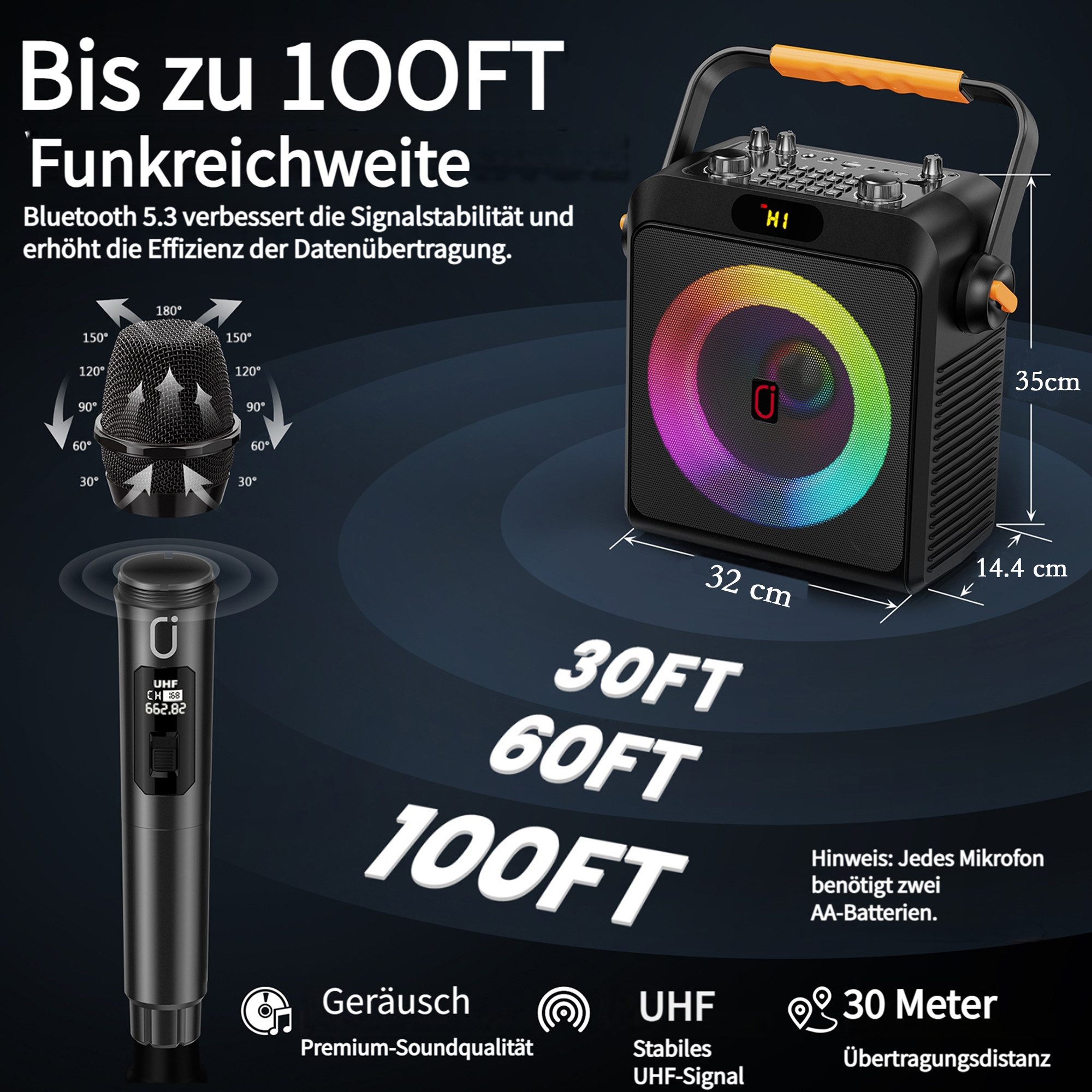 JYX Bluetooth mit starkem Bass, TWS Stereo & LED-Lichteffekte Lautsprecher 2.0 (Bluetooth, Tragbarer Party Speaker mit USB & AUX, multifunktional einsetzbar)