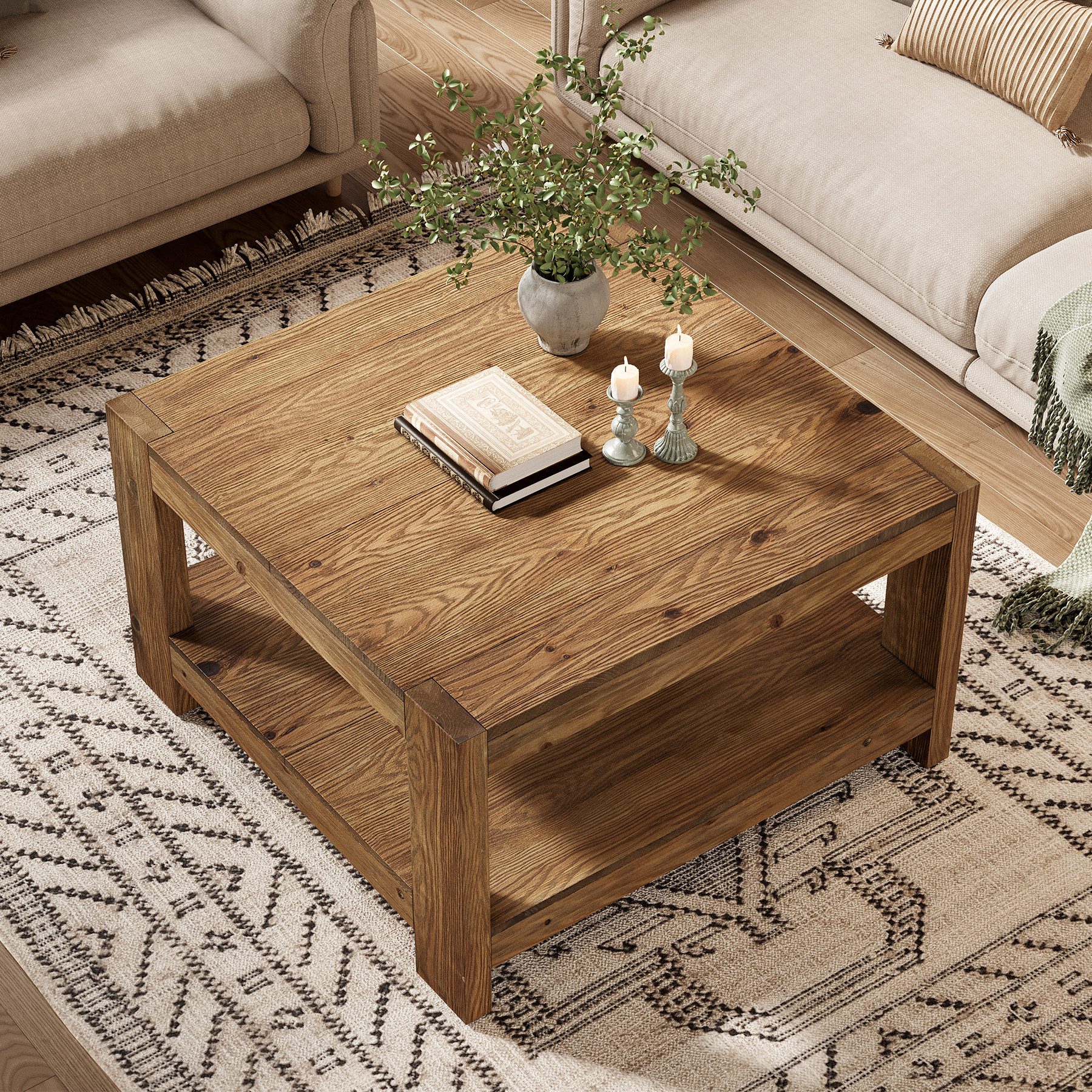 Tribesigns Couchtisch Quadratischer Couchtisch aus Massivholz 80 cm, 2-stufiger