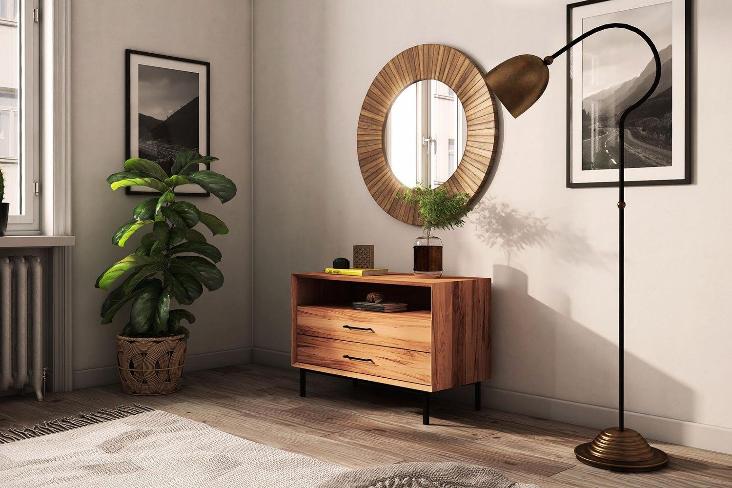 Natur24 Kommode Kommode Seiba Kernbuche massiv 97x45x65 mit 2 Schubladen 1 Fach