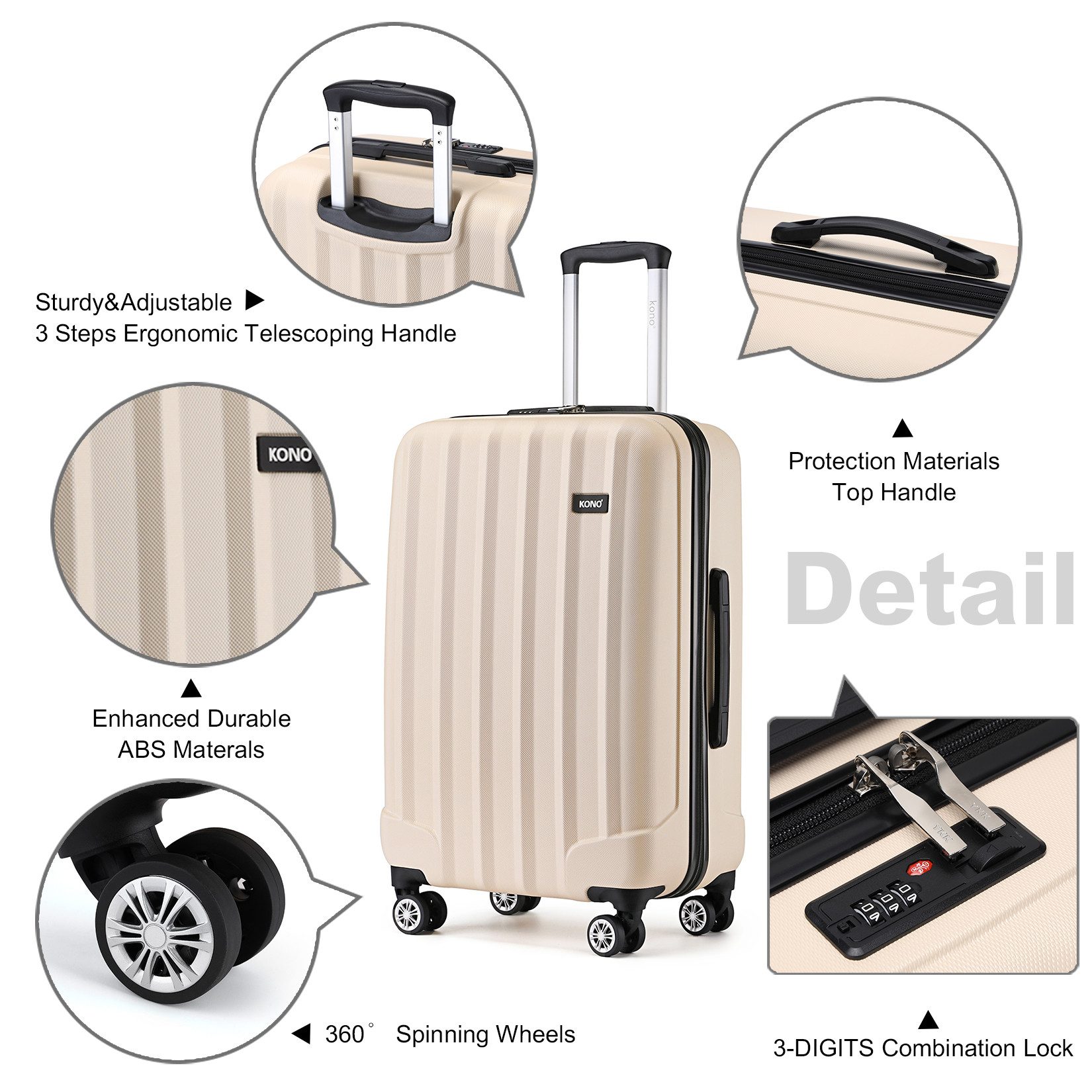 KONO Hartschalen-Trolley Hartschalen Trolley Koffer mit 4 Rollen und Zahlenschloss –Reisekoffer