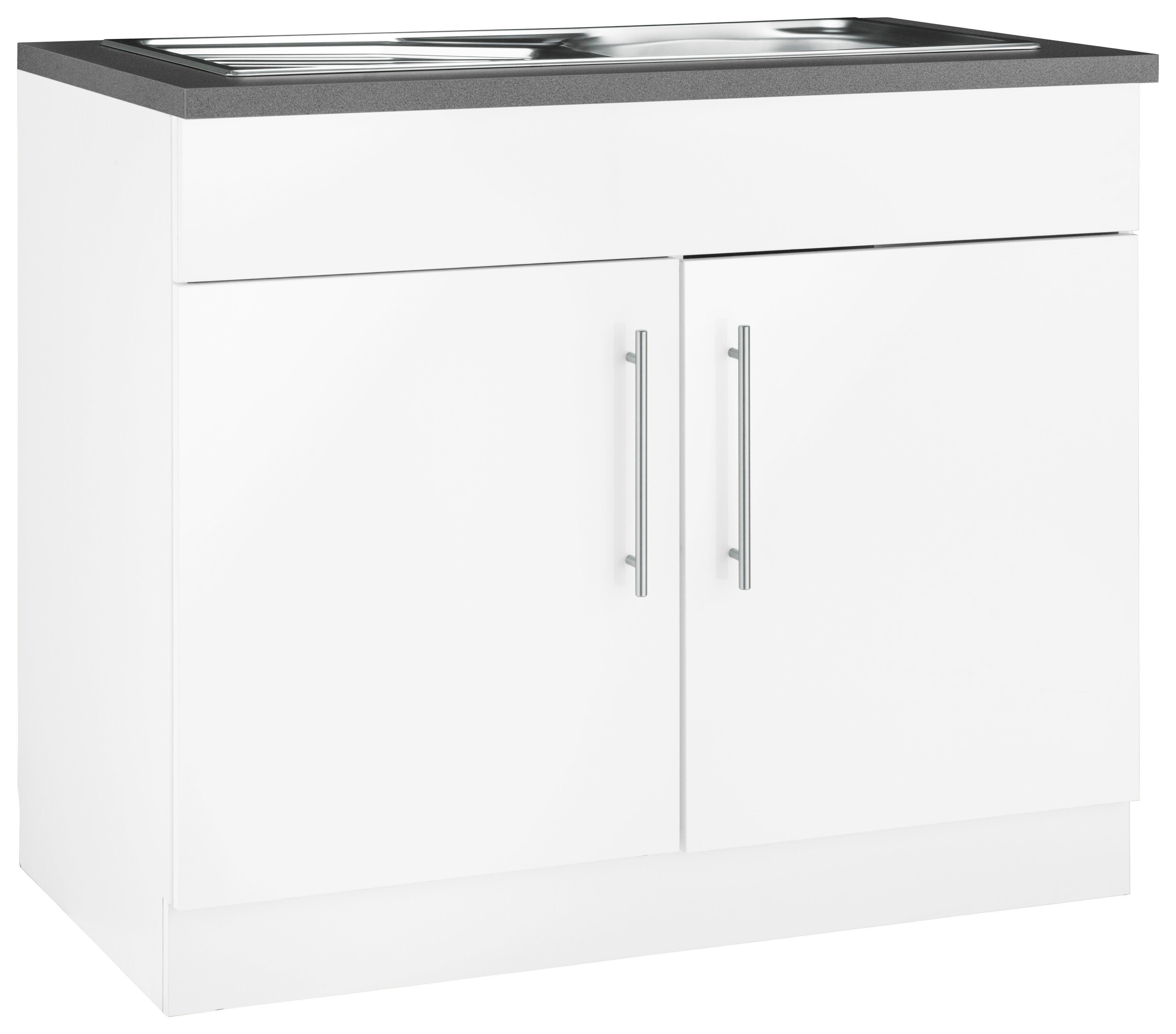 Korpus: Weiß | Spülenschrank Küchen Cali cm Front: Weiß Granit wiho Glanz, breit Arbeitsplatte: Weiß, Grau 100