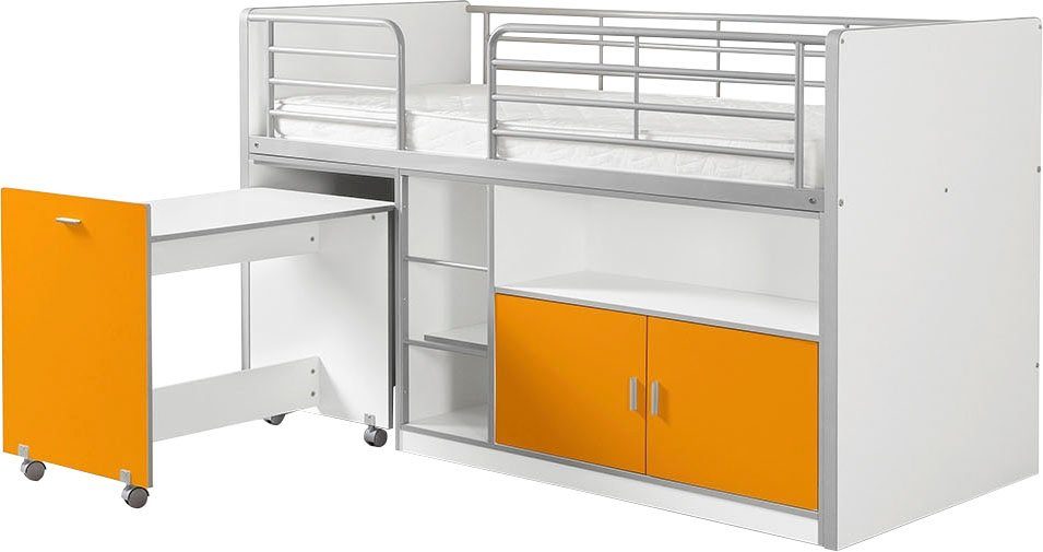 schlafen und in Hochbett 90x200 Hochbett einem, cm arbeiten Vipack mit Liegefläche Weiß/Orange