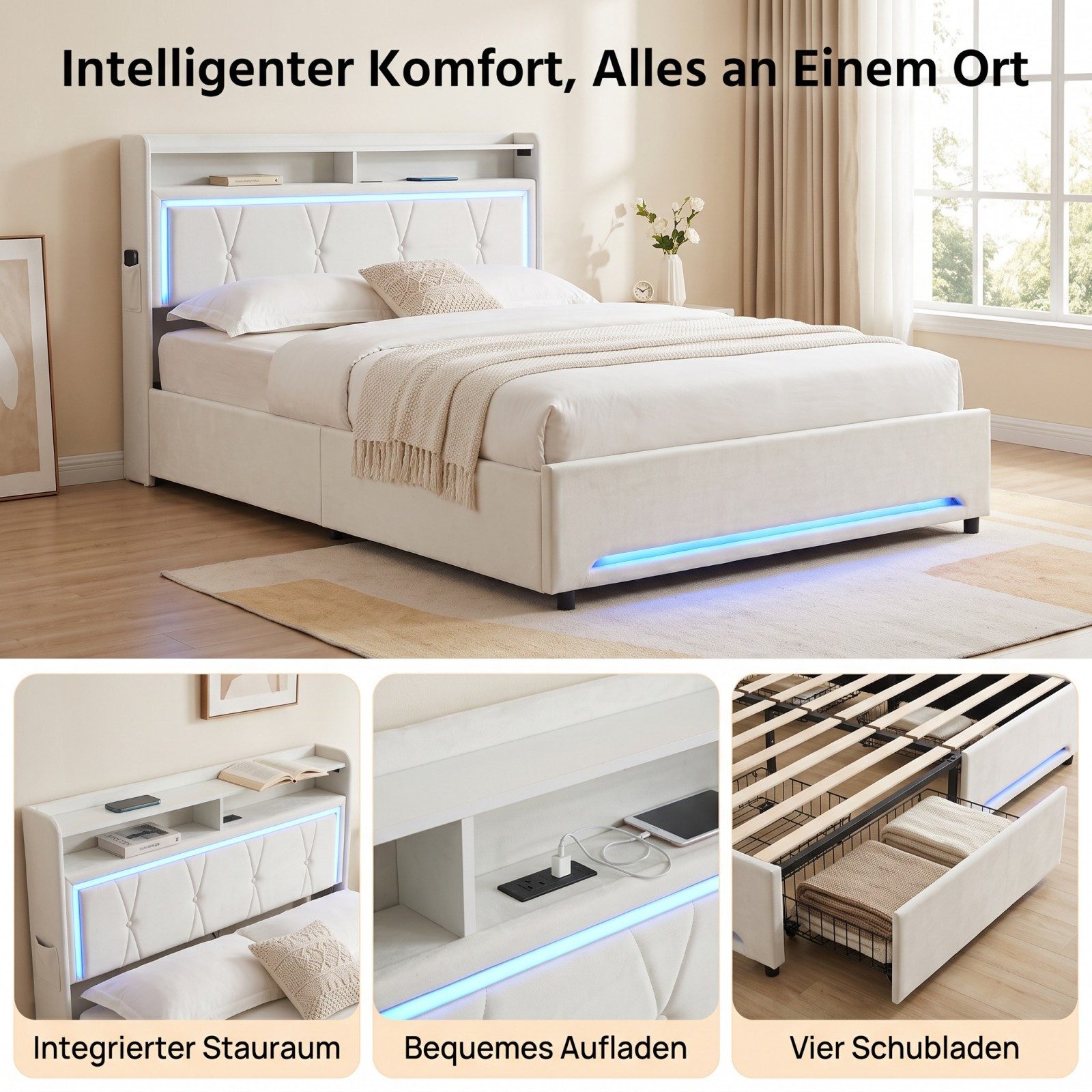 Patbrela Polsterbett mit LED-Beleuchtung, Steckdose und 4 Schubladen, 140x200 / 160x200 cm Samtbett in Beige mit Doppel-Ablage am Kopfteil