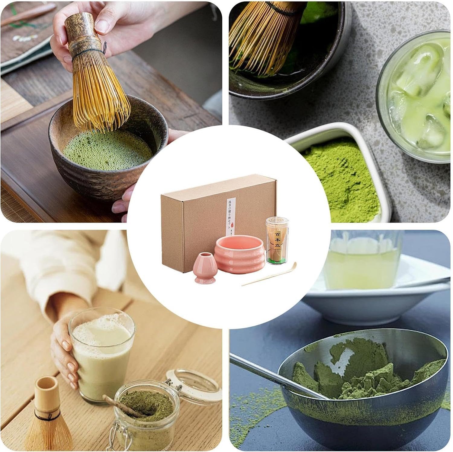AKKEE Teeservice Matcha-Set 4 Stück mit Teeschale, Matchabesen und Besenhalter