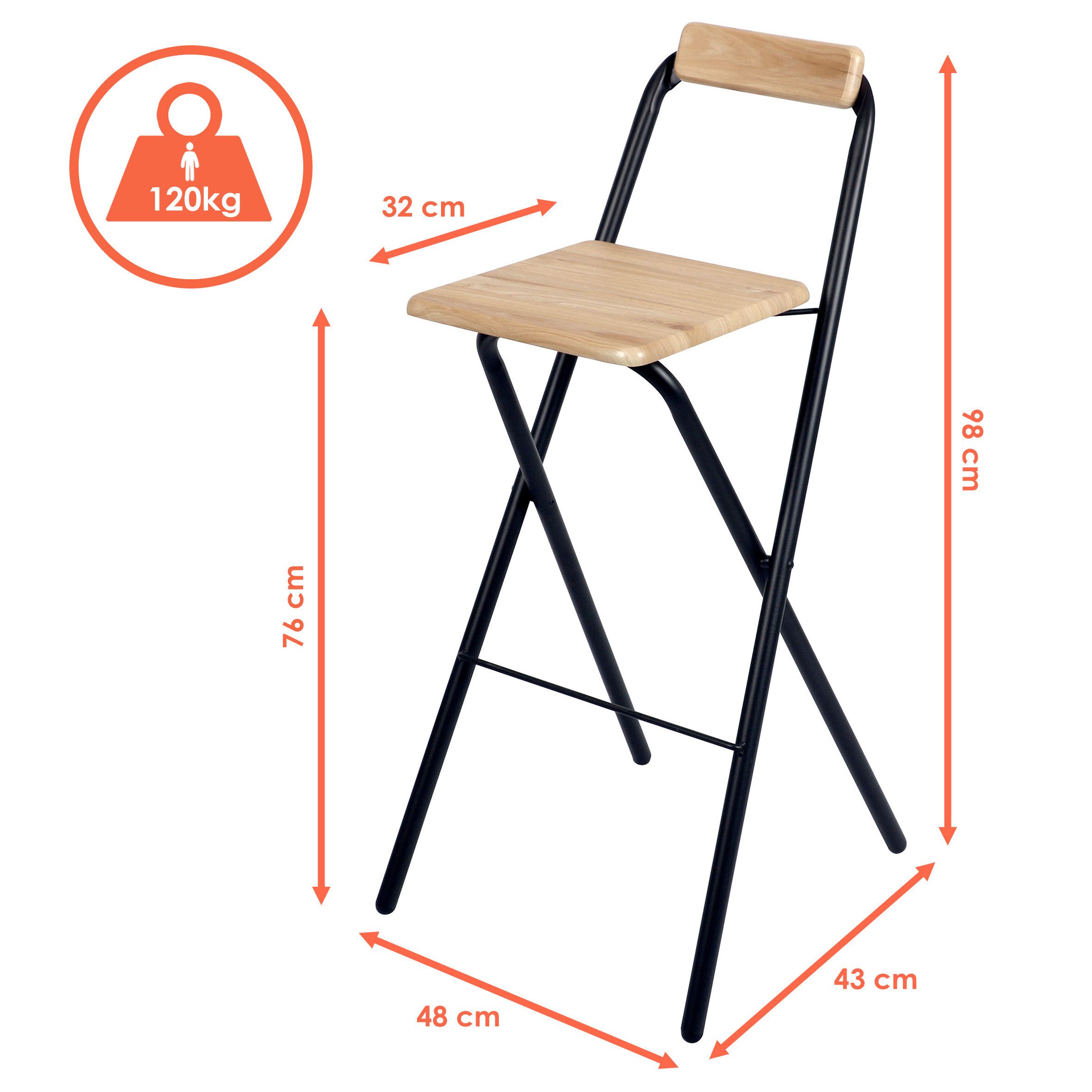 Spetebo Barhocker klappbar mit Metall Gestell Belastbarkeit 120 kg - 98 x 48 cm (Tresenhocker, 1 St., faltbar), mit Holz Sitzfläche