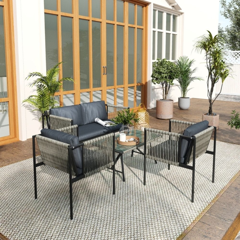 OKWISH Sitzgruppe 4-tlg. 116x65x68 cm aus Rattan in Grau mit Sofa, 2 Sesseln & Glastisch, (Set, 4-tlg., mit weichen Polstern für ein wohnliches Ambiente im Freien), mit Kissen, Stahlrahmen, für Terrasse, Garten & Balkon