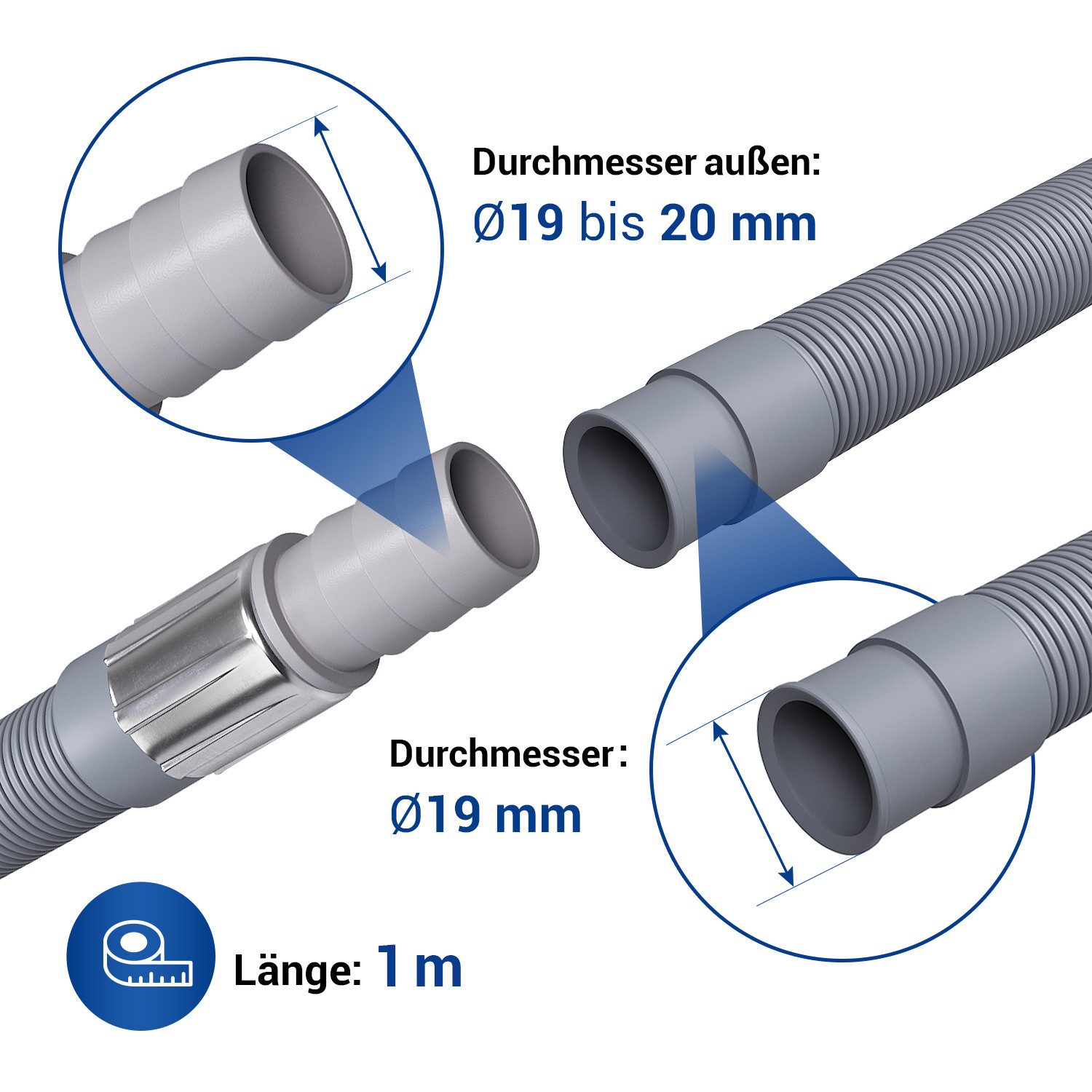 VIOKS Ablauf-Schlauchverlängerung Abwasserschlauch Universal 19-20 mmØ, Zubehör für Waschmaschine Spülmaschine, Gerade/Gerade