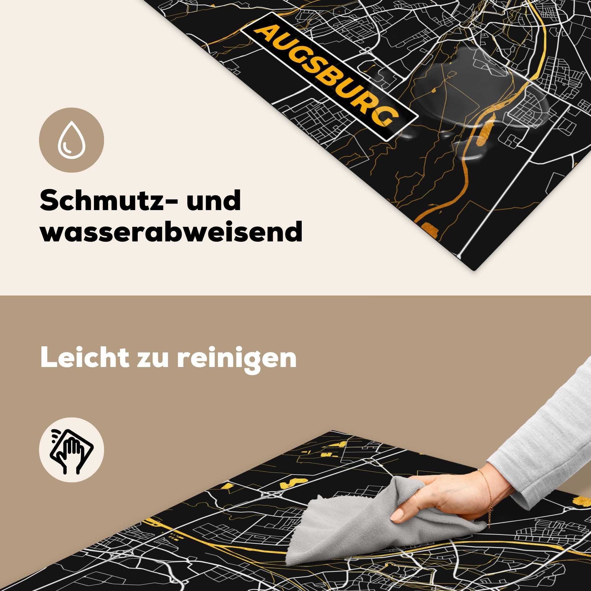 küche Stadtplan Ceranfeldabdeckung, Arbeitsplatte - 78x78 - Augsburg Herdblende-/Abdeckplatte Karte cm, (1 MuchoWow - - Gold, Deutschland für tlg), Vinyl,