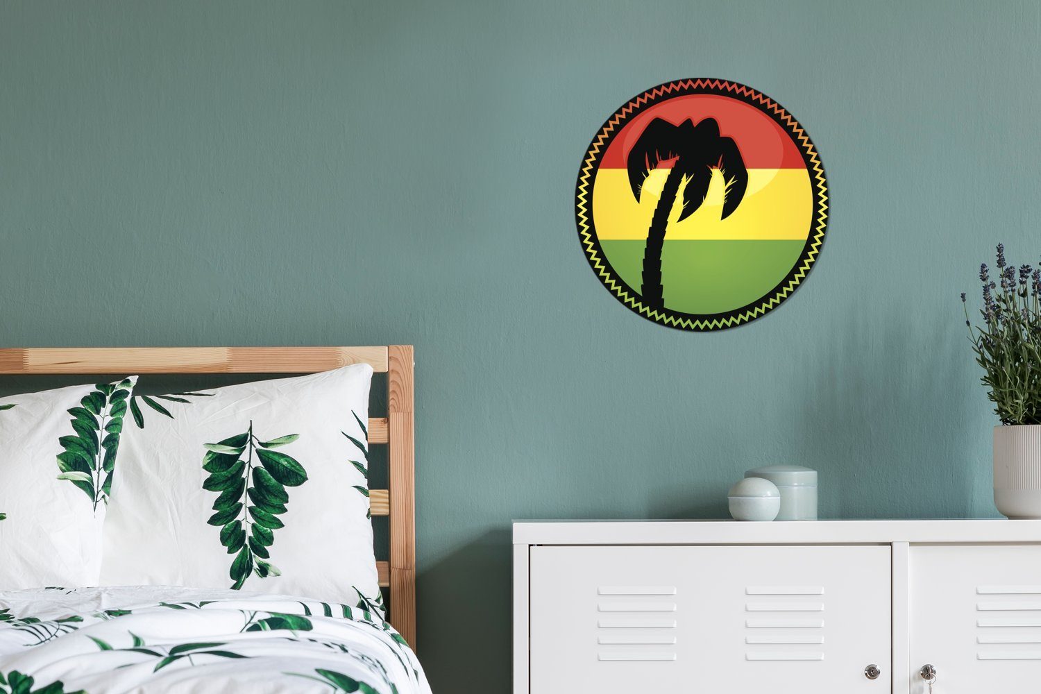 Wohnzimmer für Kinderzimmer, St), Reggae-Flagge einer Wandsticker mit Tapetenaufkleber, (1 einer Palme Rund, MuchoWow Eine Tapetenkreis Illustration