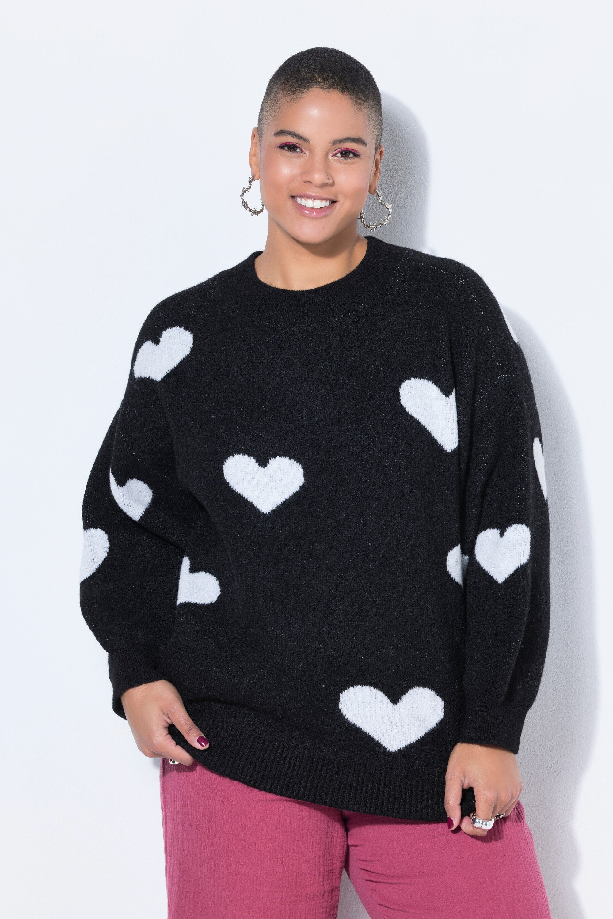 Strickpullover Pullover oversized HEARTS-Muster Ballon-Langarm