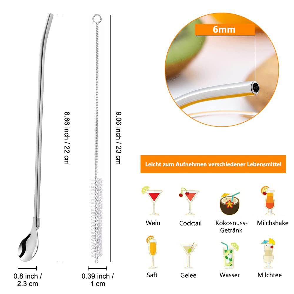 FOUORTUNATE-BEE Trinkhalme 10 Stück Edelstahl Trinkhalme Trinkhalmlöffel Löffelstrohhalme, (Wiederverwendbare Löffelhalme mit 2 Stück Strohhalm Reinigungsbürste, für Smoothies, Milchshakes, Cocktail, Kaffee)