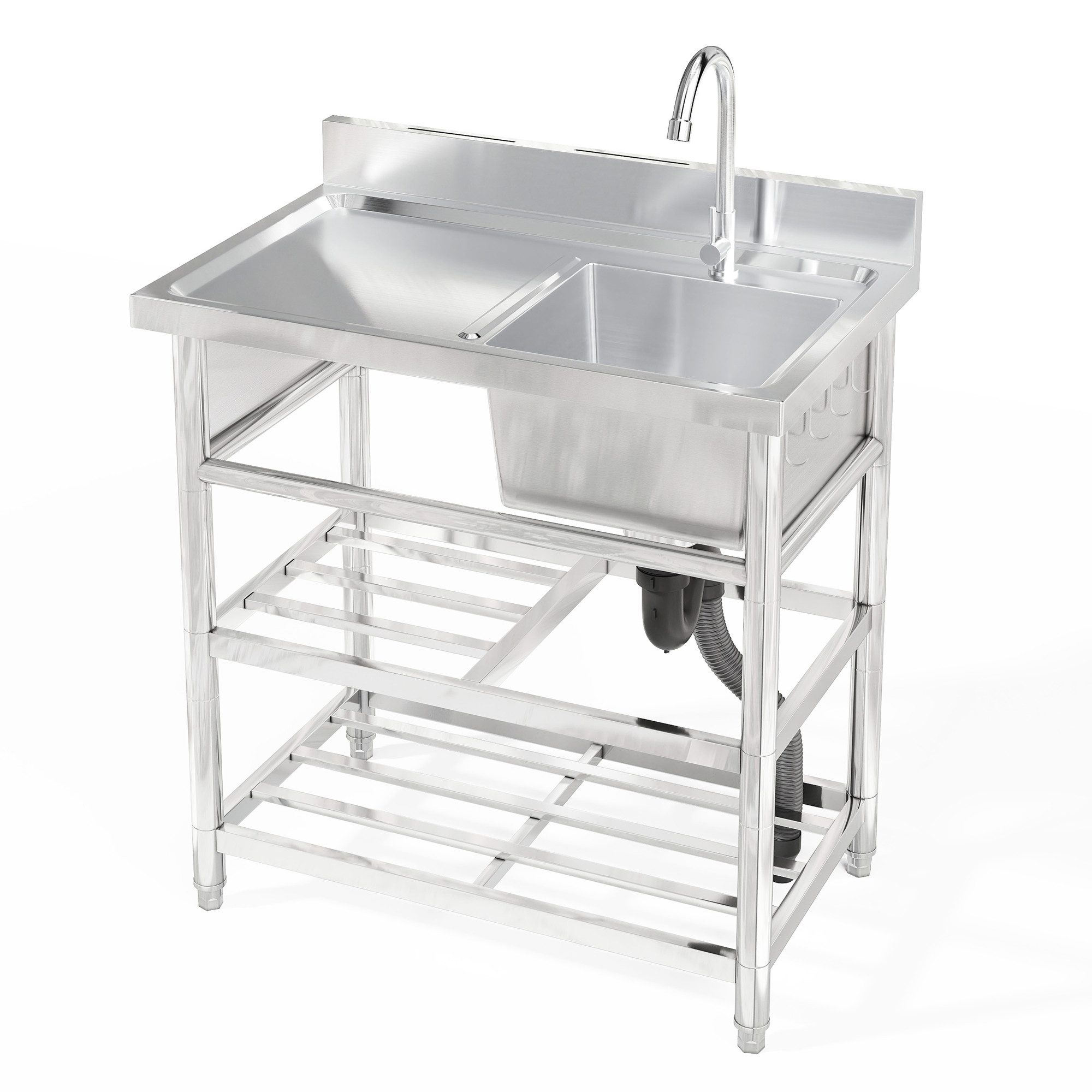 Flieks Outdoor-Küchenmodul Küchenspüle Edelstahlspüle mit Wasserhahn & U-förmiges Abflussrohr (80×50×107 cm, Garten-Waschtisch mit 2 Ablagen, Messerhalter und 4 Haken) Outdoorspüle Gartenspüle Campingspüle Messespüle Edelstahl Silber