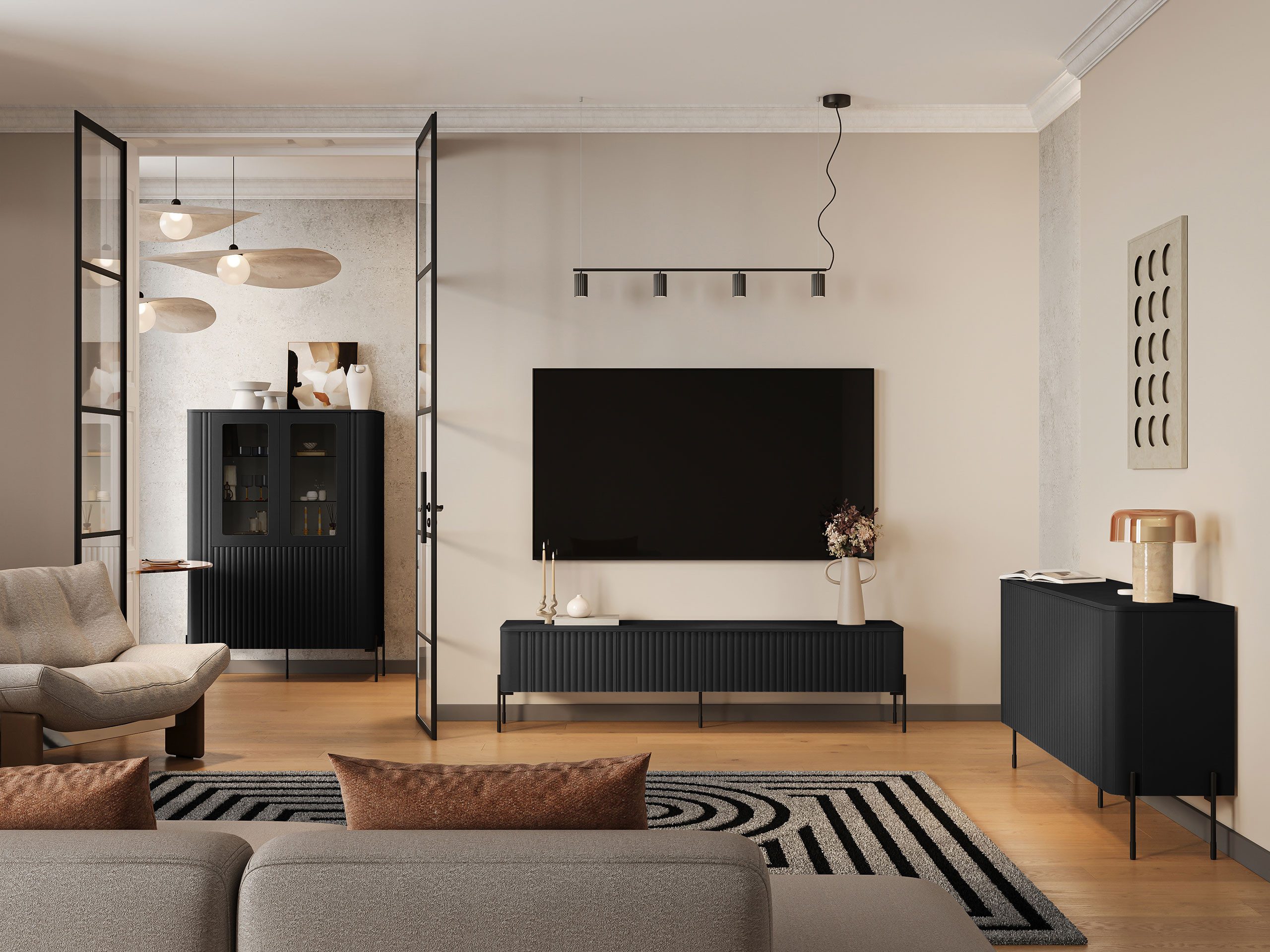 MIRJAN24 Wohnzimmer-Set Vera I, (3er-Set, Kommode, TV-Lowboard, Vitrine), Schwarze Metallfüße