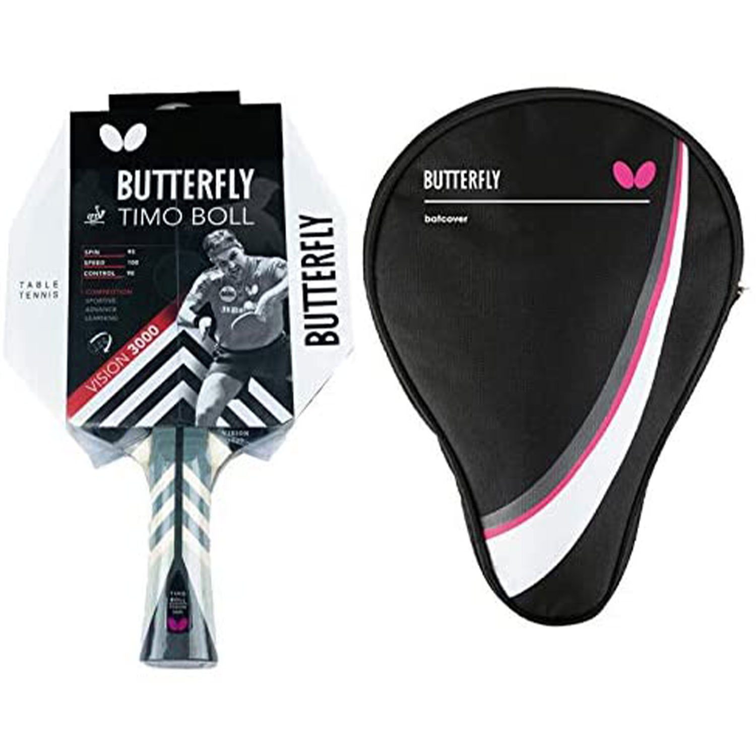 Butterfly Tischtennisschläger 1x Timo Boll Vision 3000 + Drive Case 1, Tischtennis Schläger Set Tischtennisset Table Tennis Bat Racket