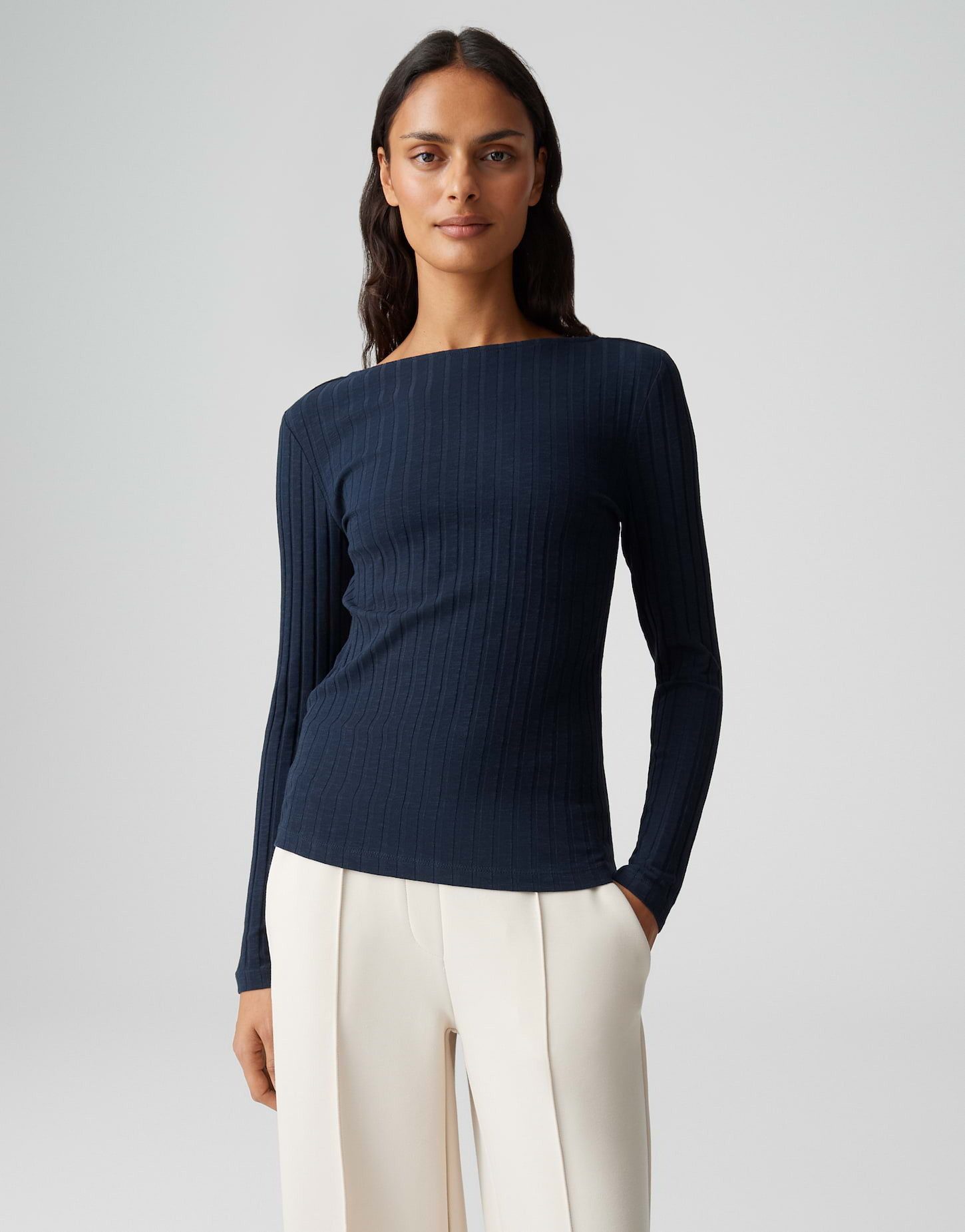 OPUS Langarmshirt Rippshirt SOVKE Slim aus Baumwoll Mix