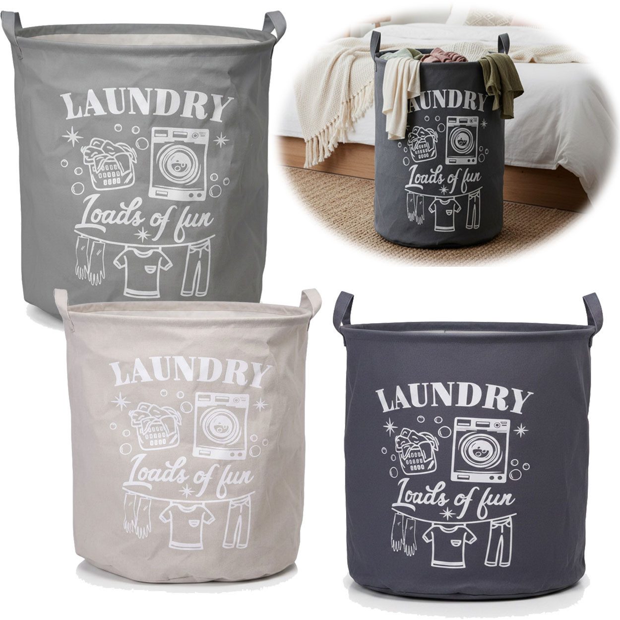 LS-LebenStil Wäschesack Vintage Wäschekorb Laundry 50cm Dunkel Grau - Faltbar - Wäschepuff (1 St., Vintage 62L Faltbar Wäschetruhe Wäschebox Wäschesammler), Wäschesortierer Aufbewahrungsbox für Kleidung Handtücher Spielzeug
