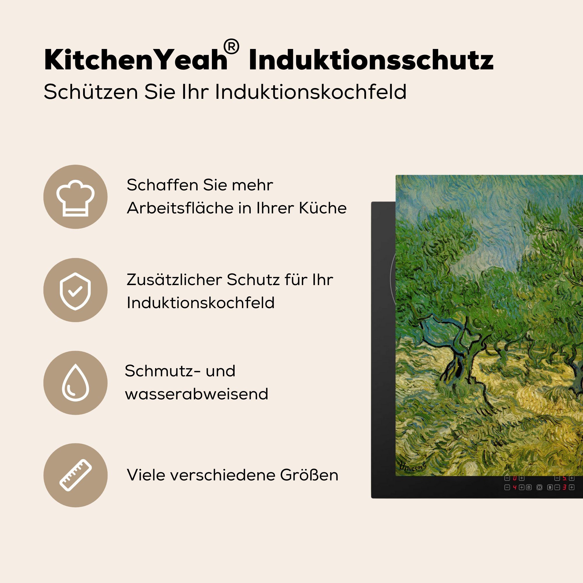 - Olivenhain tlg), Vinyl, die Induktionsmatte Vincent van 59x52 für MuchoWow cm, (1 küche, Ceranfeldabdeckung Gogh, Herdblende-/Abdeckplatte