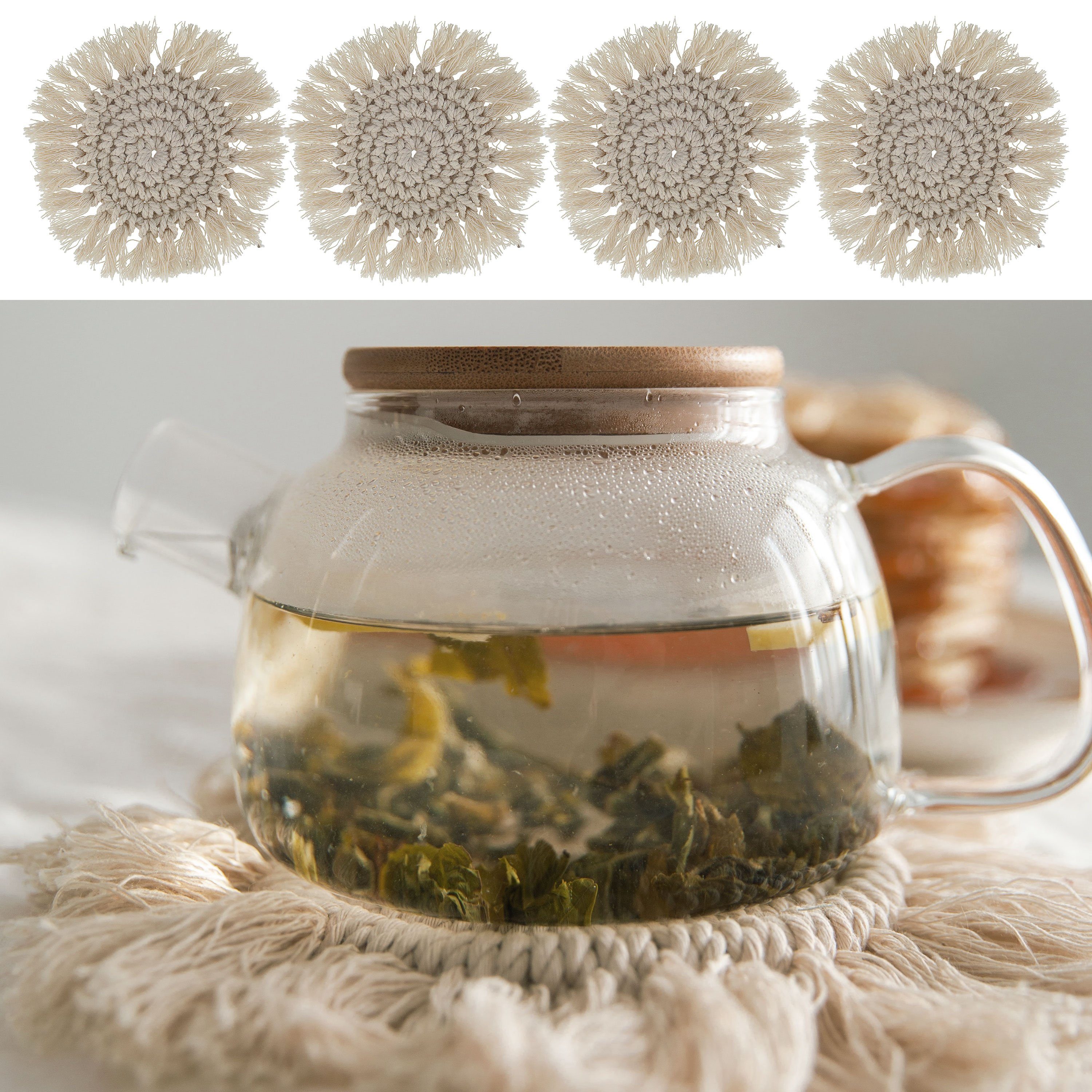 6 Stück Makramee Untersetzer Rund – Handgeflochten Aus Baumwolle, Boho Deko Für Tassen & Gläser (Beige)