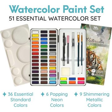 MozArt Supplies Wasserfarbe Aquarellfarben-Set Aquarellkasten Wasserfarben Kasten, 51 lebendige Farben + Zubehör in Metallbox