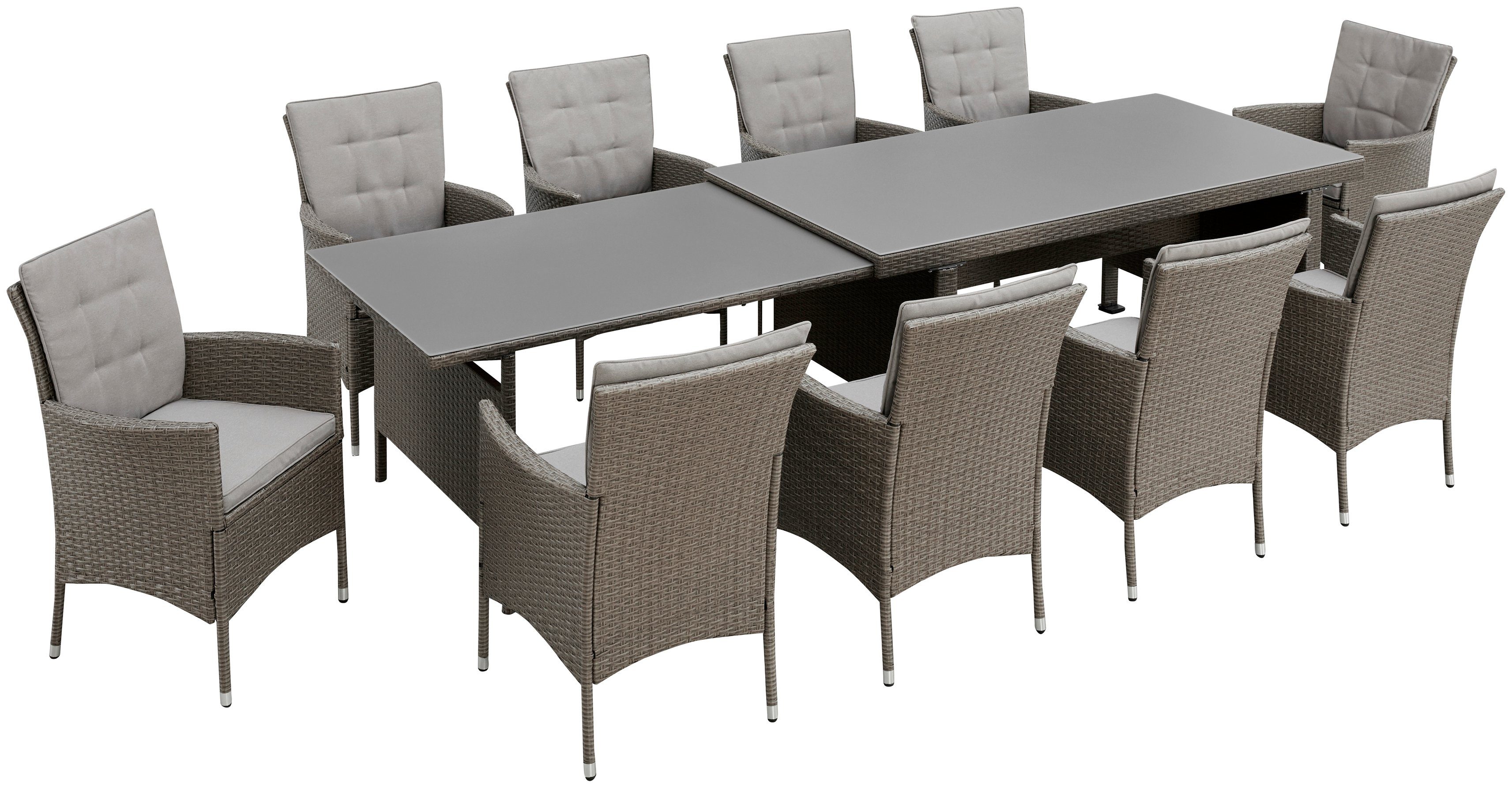 KONIFERA Garten-Essgruppe Mailand, (Set, 31-tlg., 10x Sessel, 1x AZ-Tisch 179-302 cm, inkl. Auflagen), Polyrattan, Stahl, Braun