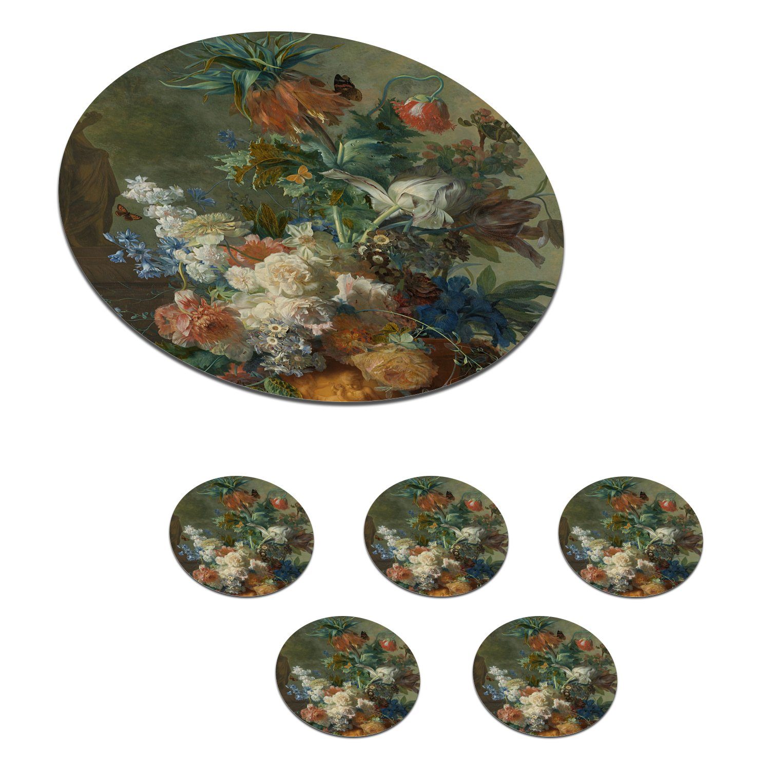 MuchoWow Glasuntersetzer Stilleben mit Blumen - Gemälde von Jan van Huysum, Zubehör für Gläser, 6-tlg., Getränkeuntersetzer, Tassenuntersetzer, Korkuntersetzer, Tasse, Becher